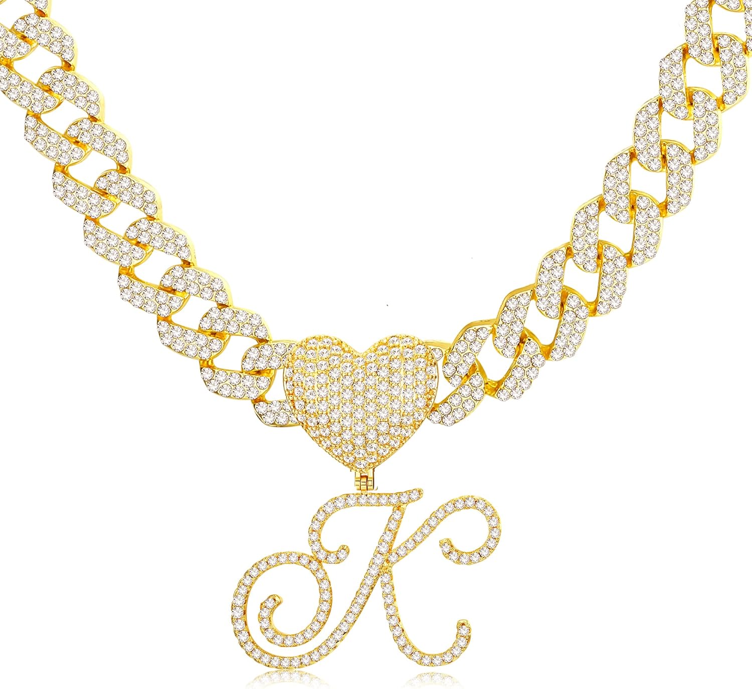 Krfy Cursive Gold Initial Pendant Necklace Iced Out Miami Cuban Link ...