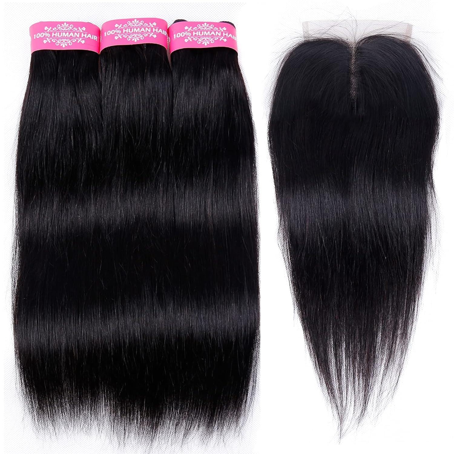 Straight Human Hair Bundles with Closure(10 12 14+10) Brazilian Virgin Human Hair 10A Straight 3 Bundles with Lace Closure 70g/bundle Natural Color - Image 2