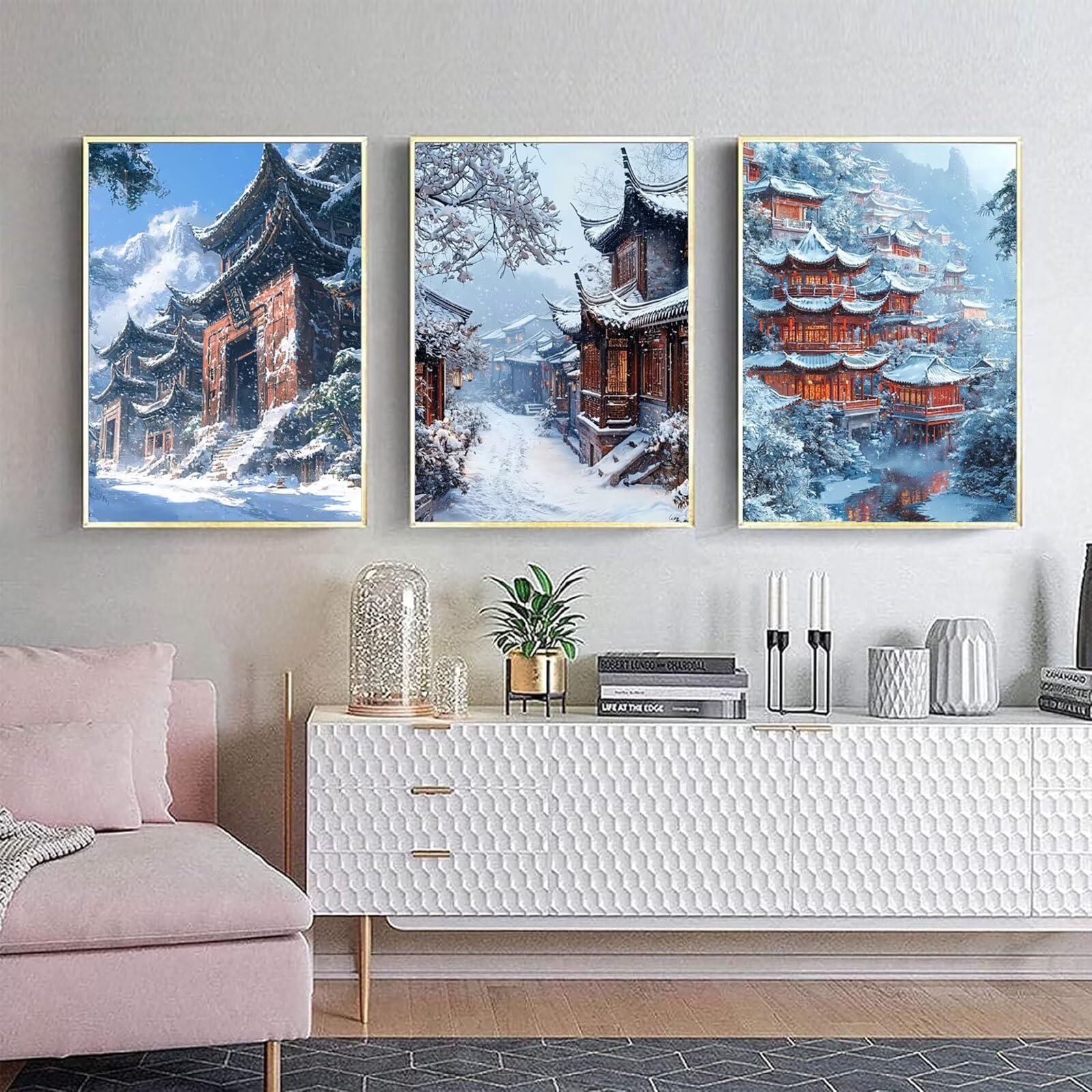 Generico Cnyaunfi 3 Pezzi Inverno Pittura Diamante Fai-Da-Te, 5D Bianco Diamond Painting Kit Completo per Hobby Creativi Adulti, Per La Decorazione Della Parete Di Casa 50x70cm YF-3396