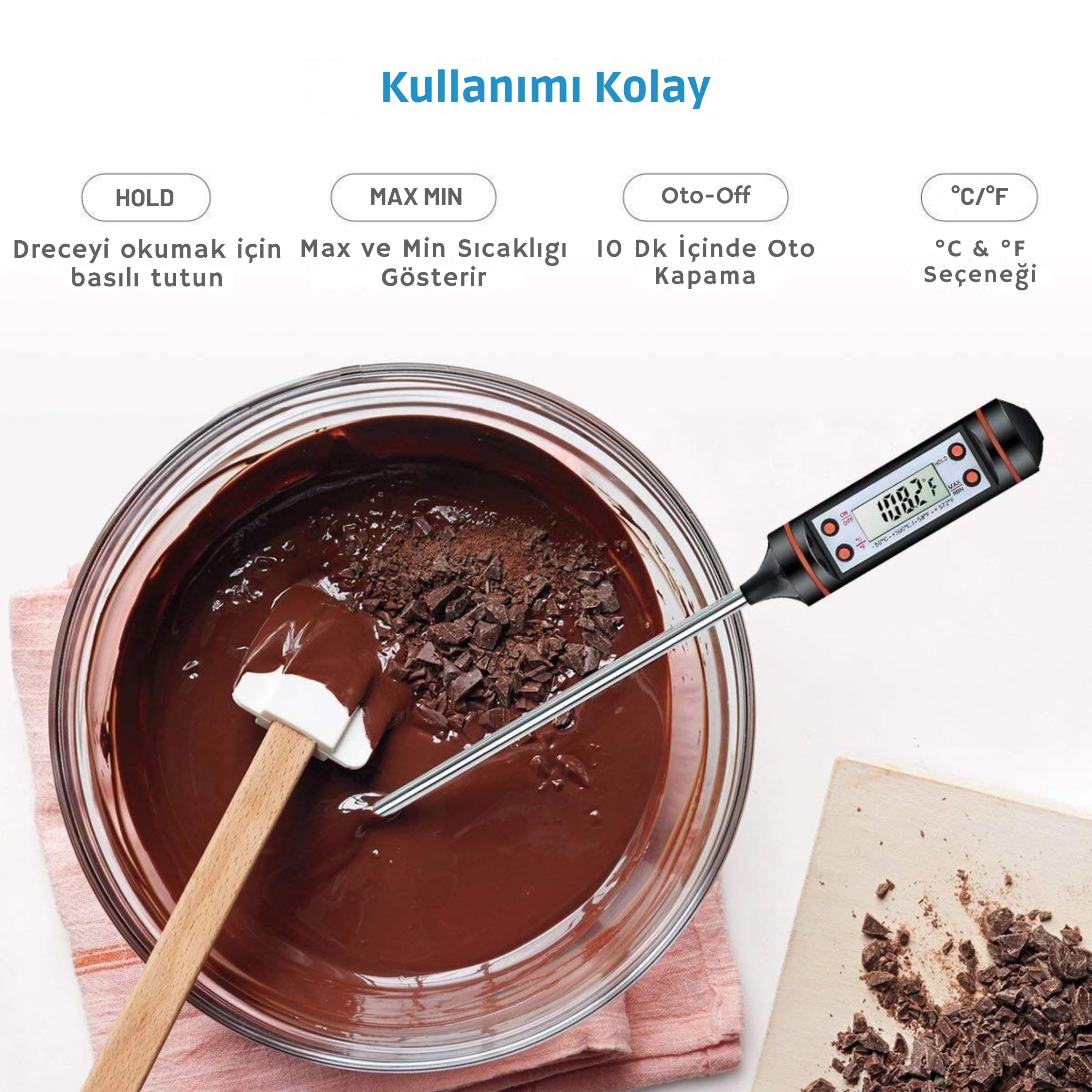 Kivela Dijital Mutfak Termometresi - Gıda Termometresi Sıvı Gıda Et Su Süt Yiyecek Sıcaklık Ölçer - Uzun Sensör Sayesinde Eliniz Yanmaz - Yüksek Hassasiyet Pişirme Termometresi
