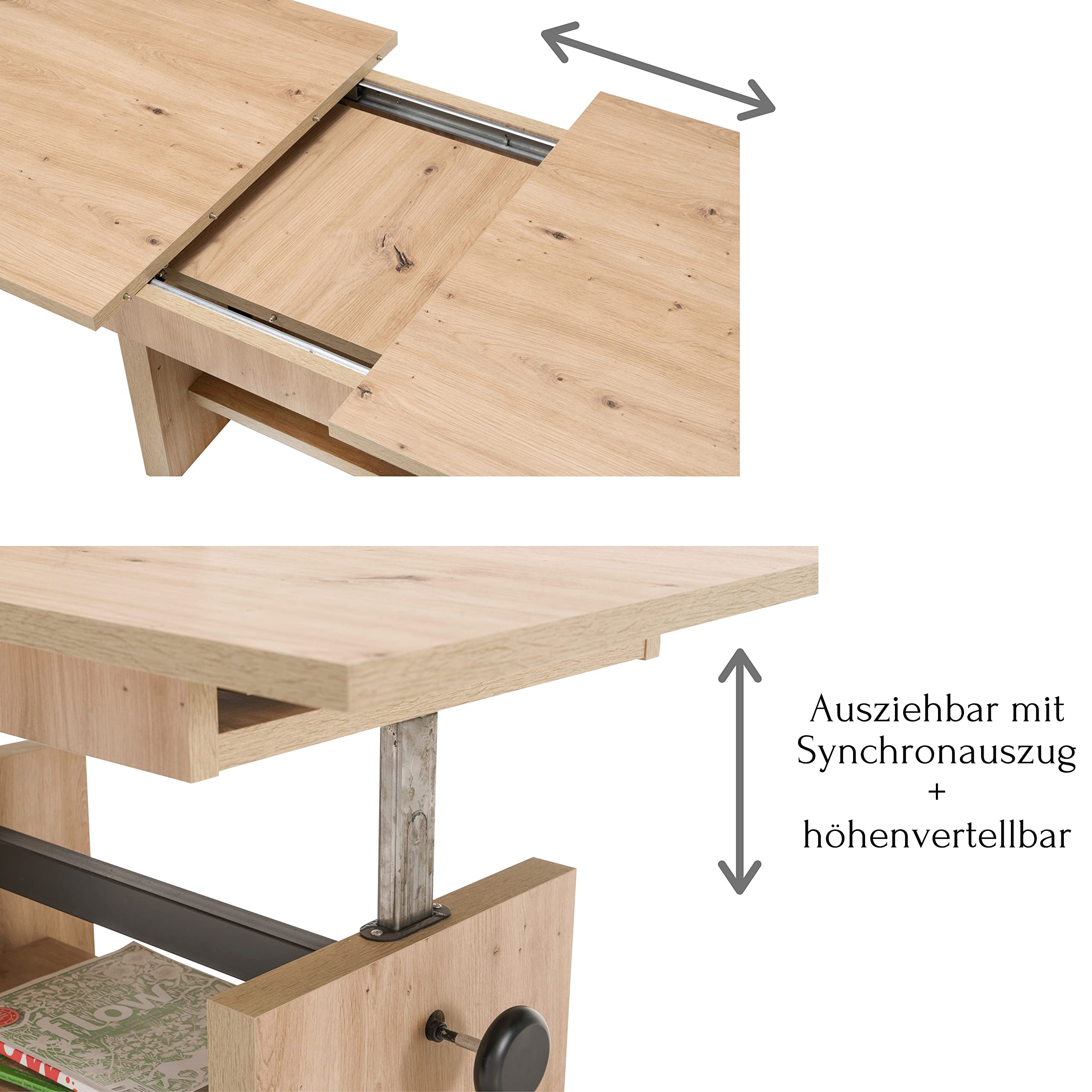 EVENT Couchtisch höhenverstellbar & ausziehbar in Artisan Eiche Optik - praktischer Sofatisch mit Ablage für Ihren Wohnbereich - 110 x 48 x 65 cm (B/H/T) | 110 x 48 x 65 cm (B/H/T), mit Ablagefach, pflegeleicht, auf 150 cm Breite erweiterbar, Sofa Tisch,