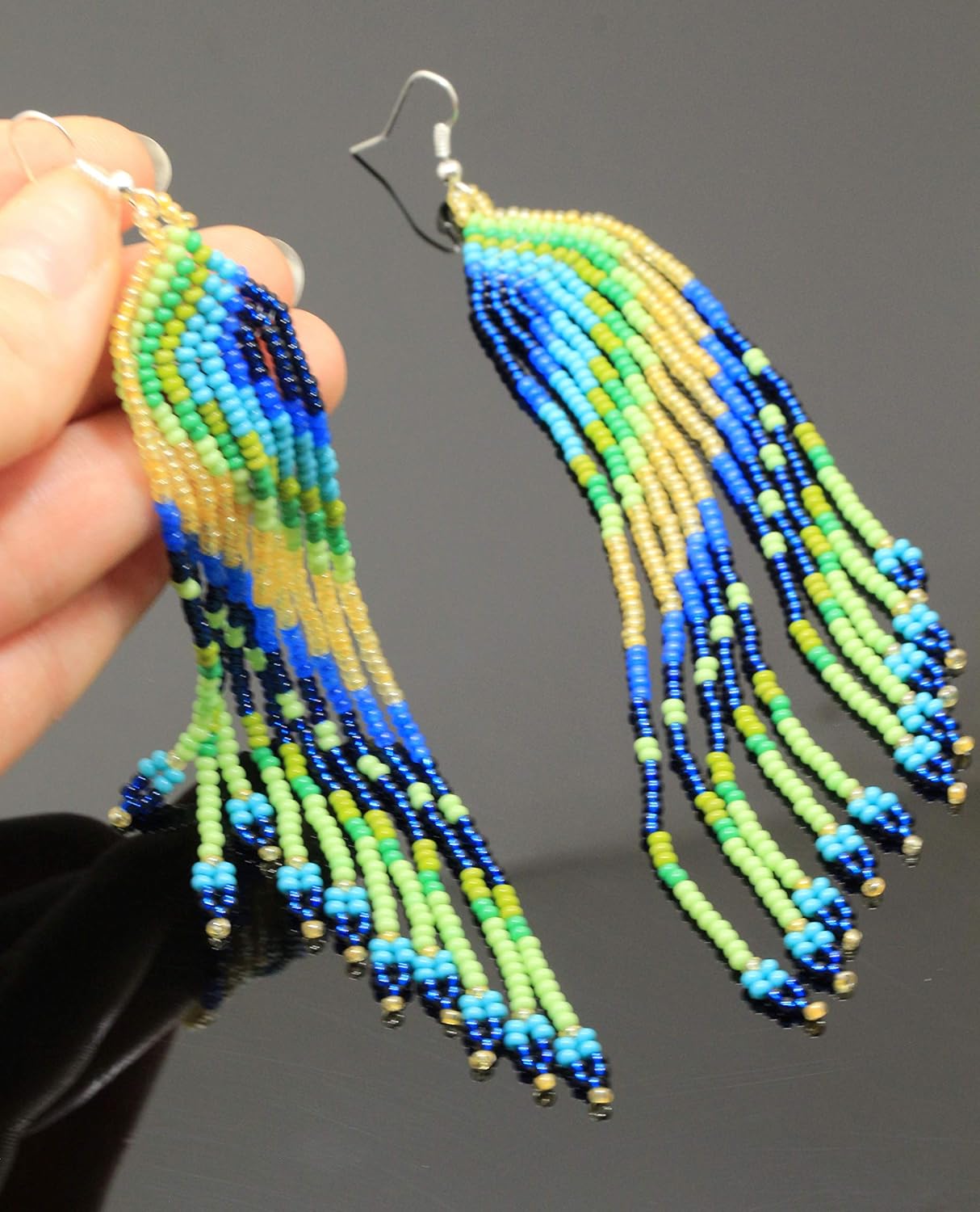 Peacock earrings Handmade long seed bead jewellery beaded chandelier dangle fringe earrings unique boho gypsy hippie jewelry peacock feather fringe fashion trends 2026