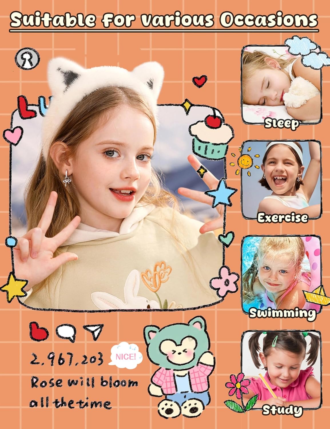 FIBO STEEL Silver Hypoallergenic Earrings for Girls Women - Surgical Steel Flat Back Small Stud Hoop Earring with Colorful CZ Charms Dainty Cute Toddler Earrings Set for Sensitive Ears Little Girl Jewelry for Kids Age:Over 3 Years Old - Image 5