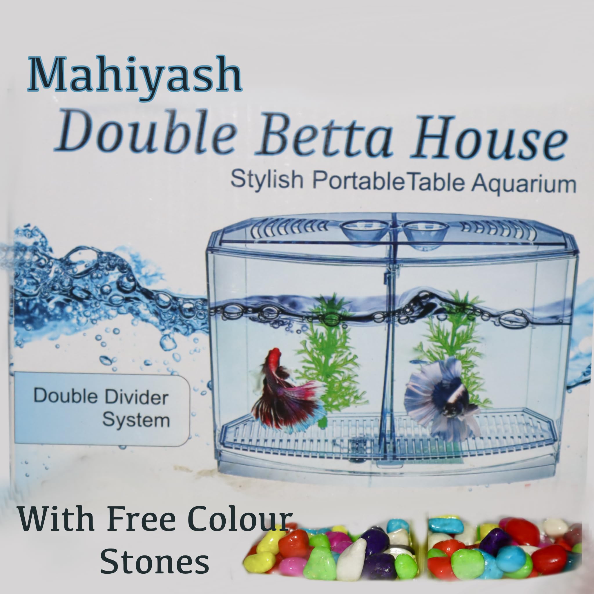 Mahiyash Betta Fish Tank Aquarium with Two Compartments (Beta Double House Tank) | Small Fish Tank with Two Partition (with Out Fish) (Colour May Vary) with Free Colour Stones 4