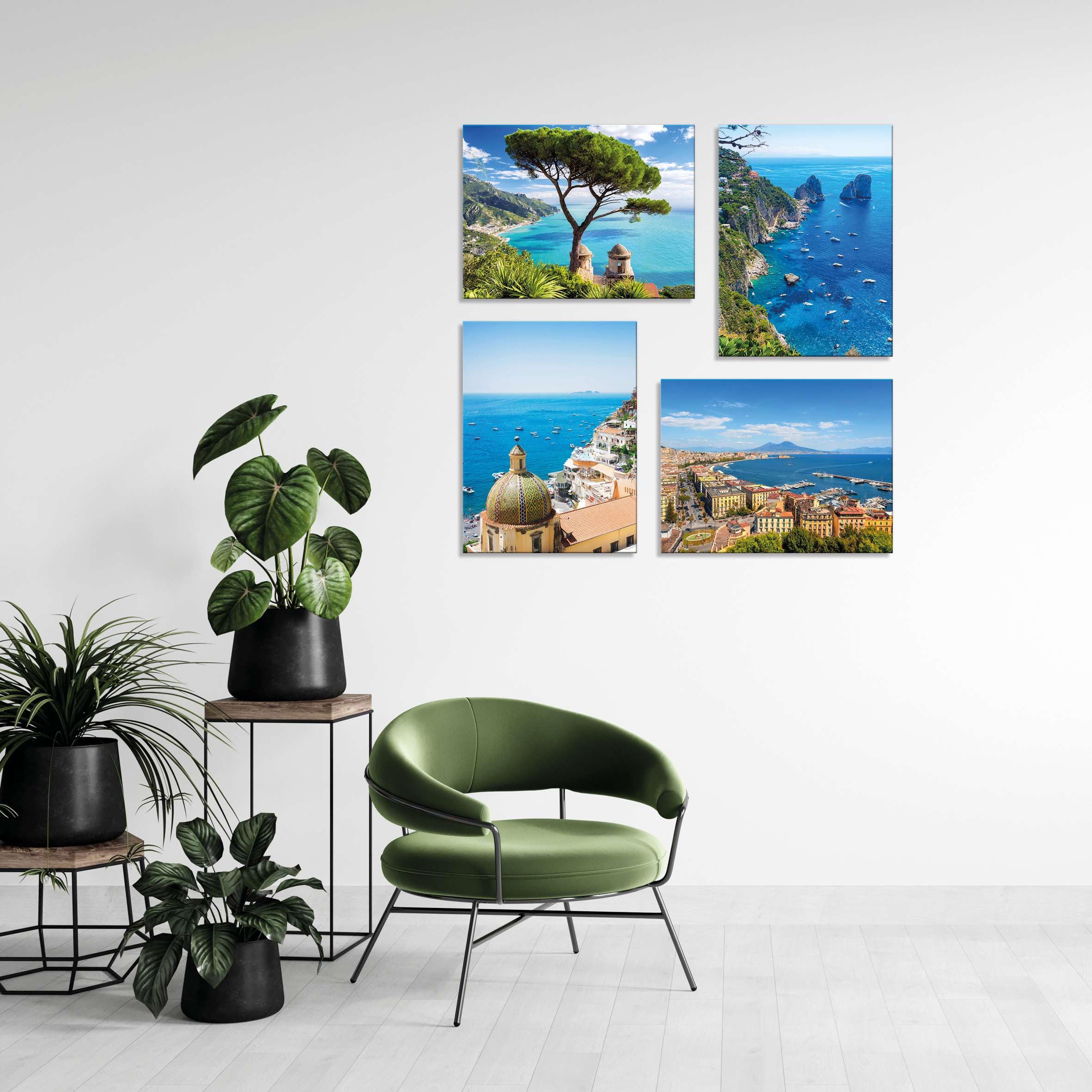 Set 4 Quadri 40x30 cm - Stampa su Tela con telaio in legno - Paesaggi Italiani – Panorama Amalfi, Capri, Napoli, Positano