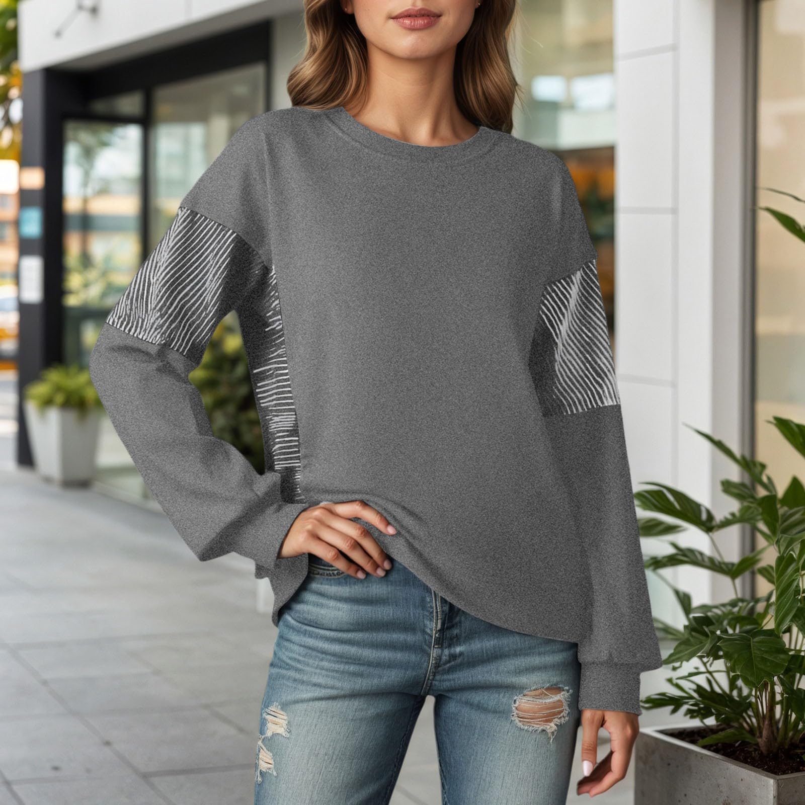 Sudadera de Cuello Redondo a Rayas de Color para Mujer, Jersey Informal de Manga Larga, Suave, cómoda, para Uso Diario, versátil, Elegante, básica, para Estar en casa, Ropa de Moda Alternativa