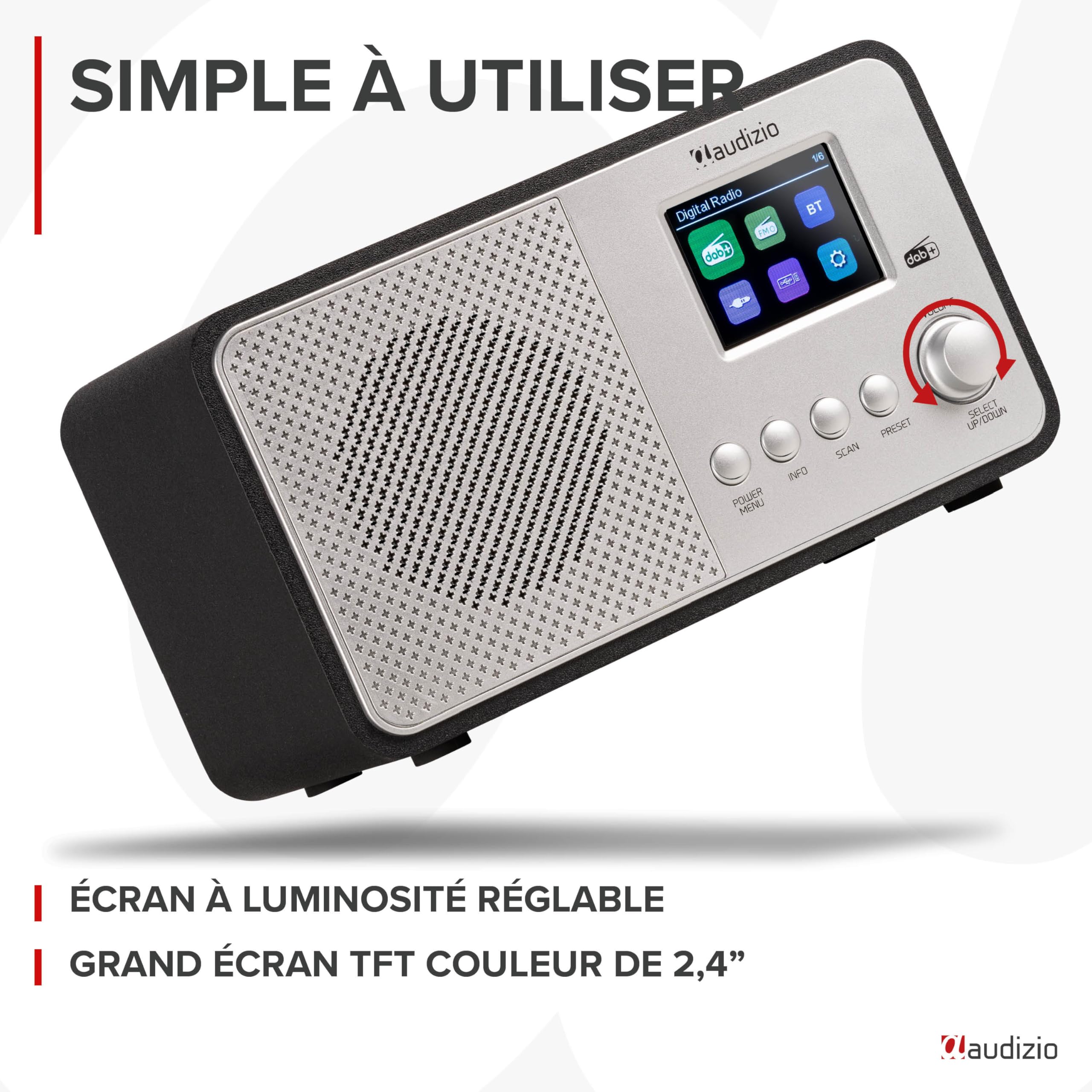 Audizio Avio Radio Dab+ Bluetooth 5.0 - Aluminium, 20 Stations Enregistrables, Écran Couleur 2,4", Haut-Parleur Intégré, Port USB, Idéale pour Écouter la Radio à la Maison