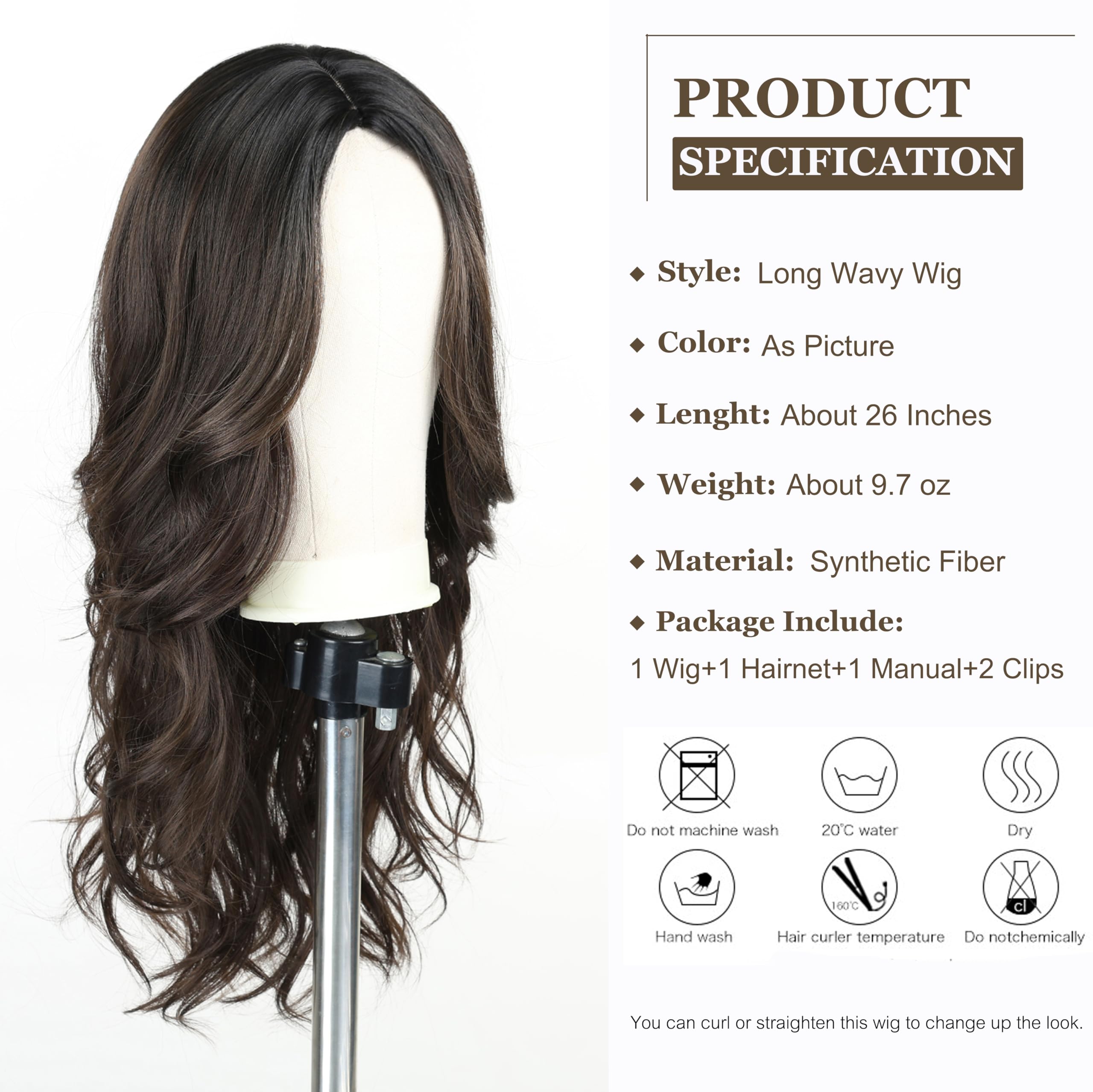 Esmee Long Wavy Black Brown Wigs for Women Natural Synthetic Hair Wig for Daily & Party Use, Black Brown 6352-1, 26 pollici - Image 2