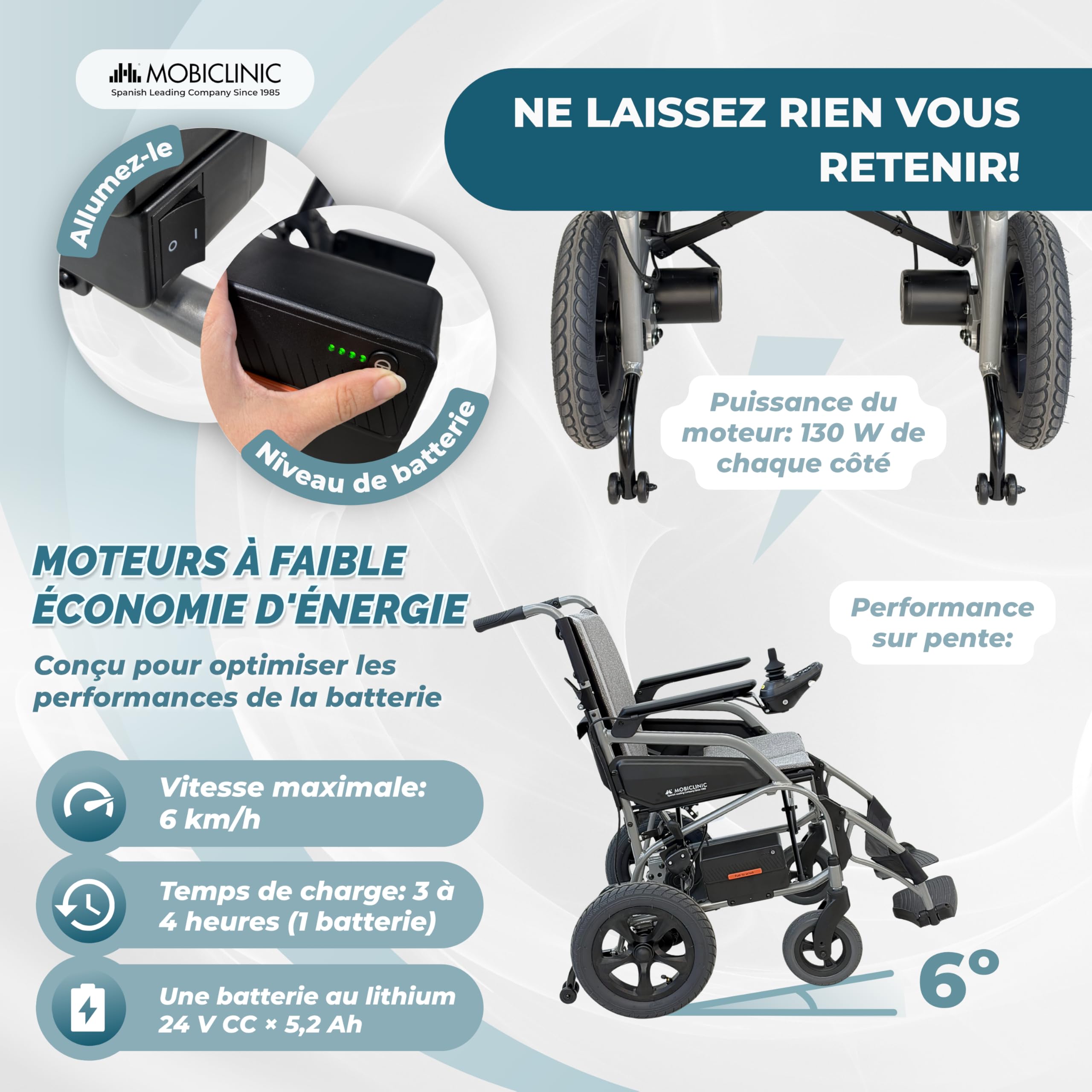 Mobiclinic®, Fauteuil Roulant Électrique, Pliable, Autonomie 10km, Frein Électronique, 24 V 5,2 Ah, Automatique et Assisté, Jusqu'à 100kg, Système Anti-basculement, Jusqu'à 6 km/h, Moteur 130W, Mara