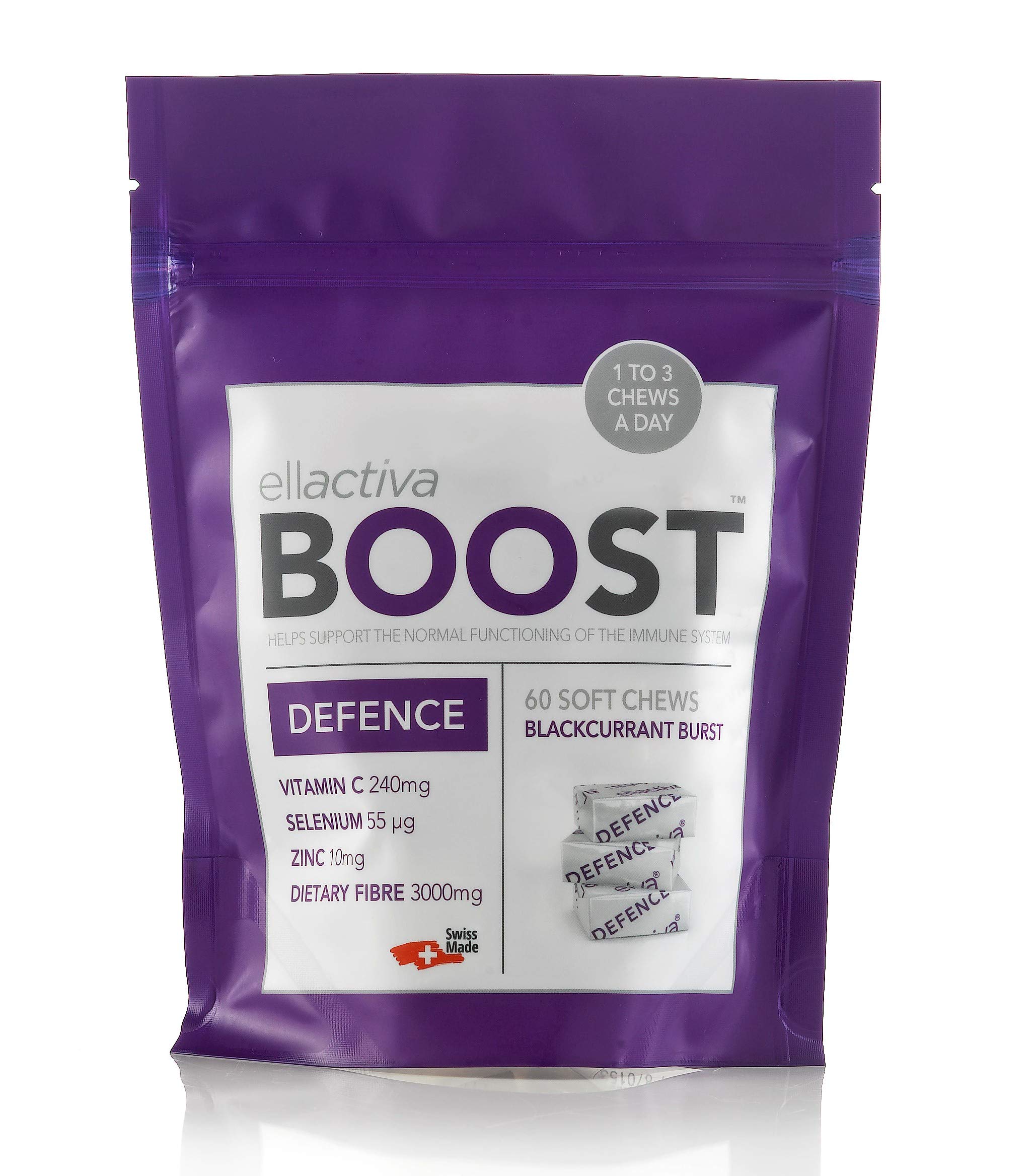 ELLACTIVA BOOST DEFENCE BLACKCURRANT BURST | 60 SOFT CHEWS | Immunity Booster made in Switzerland | with Vitamin C, Zinc, Selenium and Dietry fibers