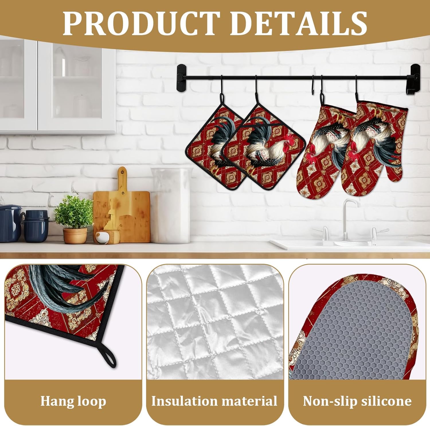 Vintage Rustic Rooster Oven Mitts and Pot Holders Sets 4Pcs Farm Animal Silicone Kitchen Gloves Heat Resistant Potholders for Baking Cooking Grilling BBQ