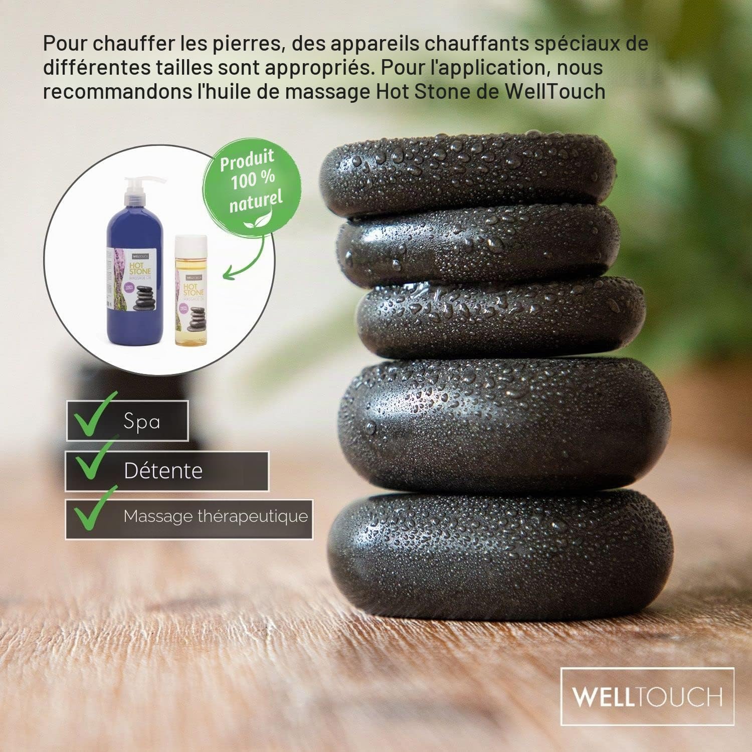 WellTouch Kit massage aux pierres chaudes avec boite décorative en bambou | 40 pierres de massage en basalte | Massage thermique bien-être | massage thérapeutique