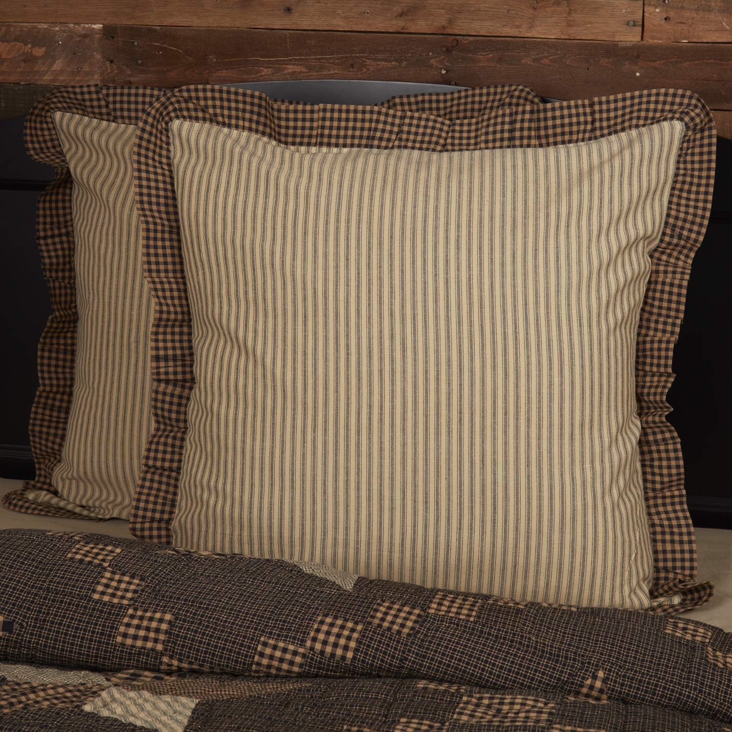 VHC Brands Farmhouse Star Ticking Striped Cotton Primitive Bedding Square Euro Sham, Charcoal Black