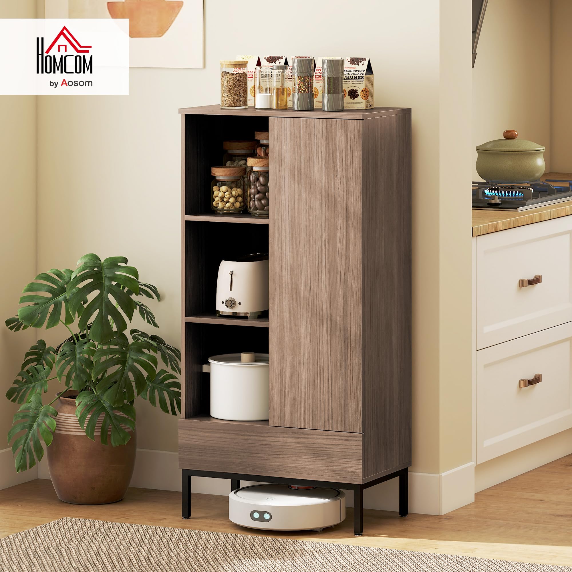 HOMCOM Aparador 1 Puerta Aparador para Salón Moderno con Cajón Estante Ajustable y 3 Compartimentos Abiertos para Comedor Entrada Dormitorio 60x34x121 cm Natural