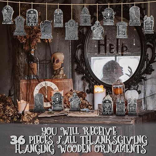 Miniatura 4 de Huwena 36 adornos colgantes de madera de Halloween para árbol de Halloween, lápida, cementerio, calavera, recortes de madera con cuerdas, decoración