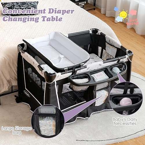 Miniatura 9 de INFANS Paquete 4 en 1 y juego centro de guardería portátil para bebés y niños cómodo juego con moisés colchón cambiador de pañales cuna bolsa de