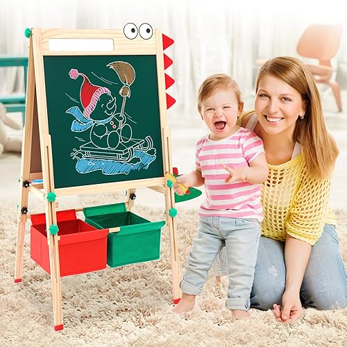 Miniatura 9 de Caballete para niños con rollo de papel de 48 pulgadas, caballete de doble cara, pizarra blanca y pizarra de tiza ajustable en altura caballete de