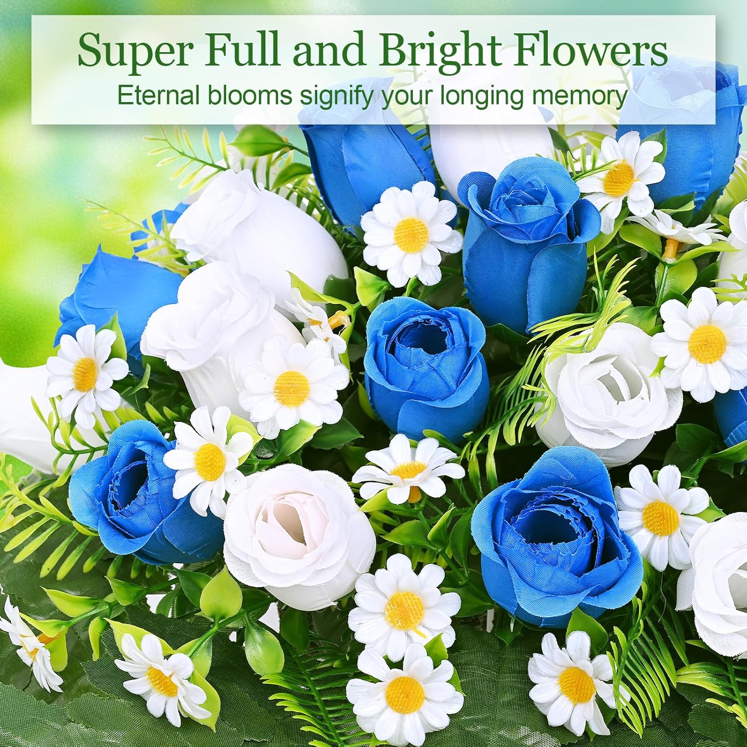 Dolicer Artificial Cemetery Flowers for Grave, Headstone Flower Saddle Look Real Grave Memorial Flowers for Cemetery UV Resistant Rose Flowers for Headstones Cemetery Grave Decorations (Blue, White)