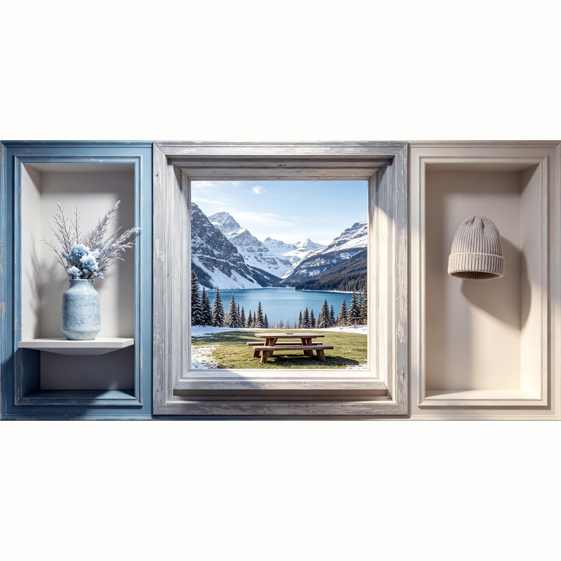 QZLITHOTIC 50x100cm 3D Framed Wall Art， Snowy Mountain Lake Picnic View Self‑Adhesive Mural， Water‑Activated Peel & Stick Fabric Decor Wall Decal for Bedroom Living Room