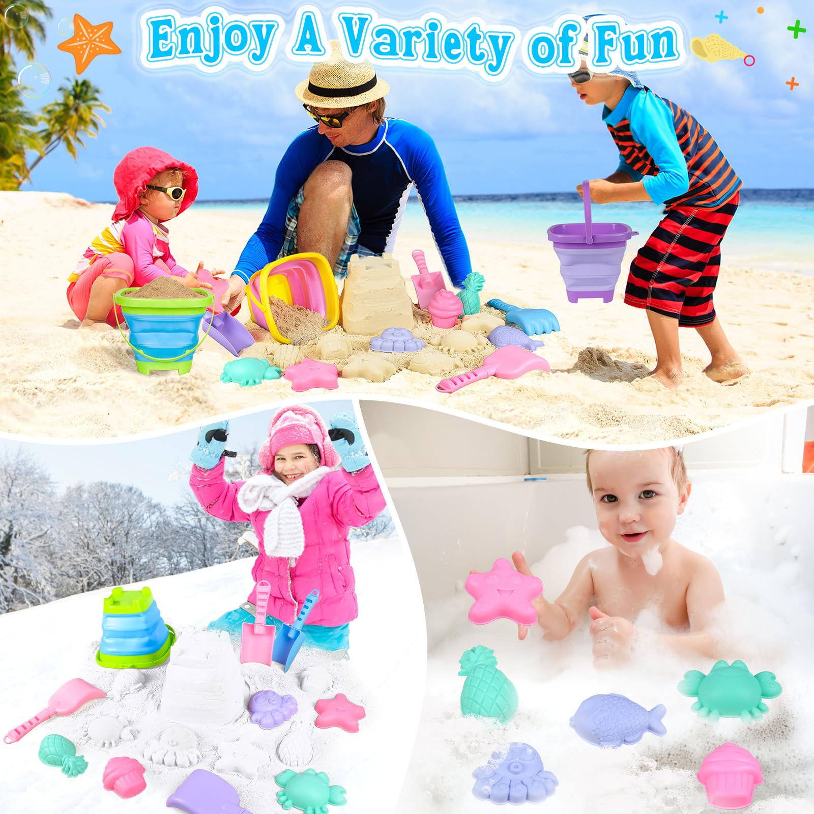 TSDATOWR Faltbares Strandspielzeug, 3 Silikon-Sandeimer für Kinder im Alter von 3–10 Jahren | Faltbare Eimer, Schaufeln, Formen und Netztasche für Strandutensilien, Sandkasten, Reisen, Multi-Szenen-Outdoor-Spielen