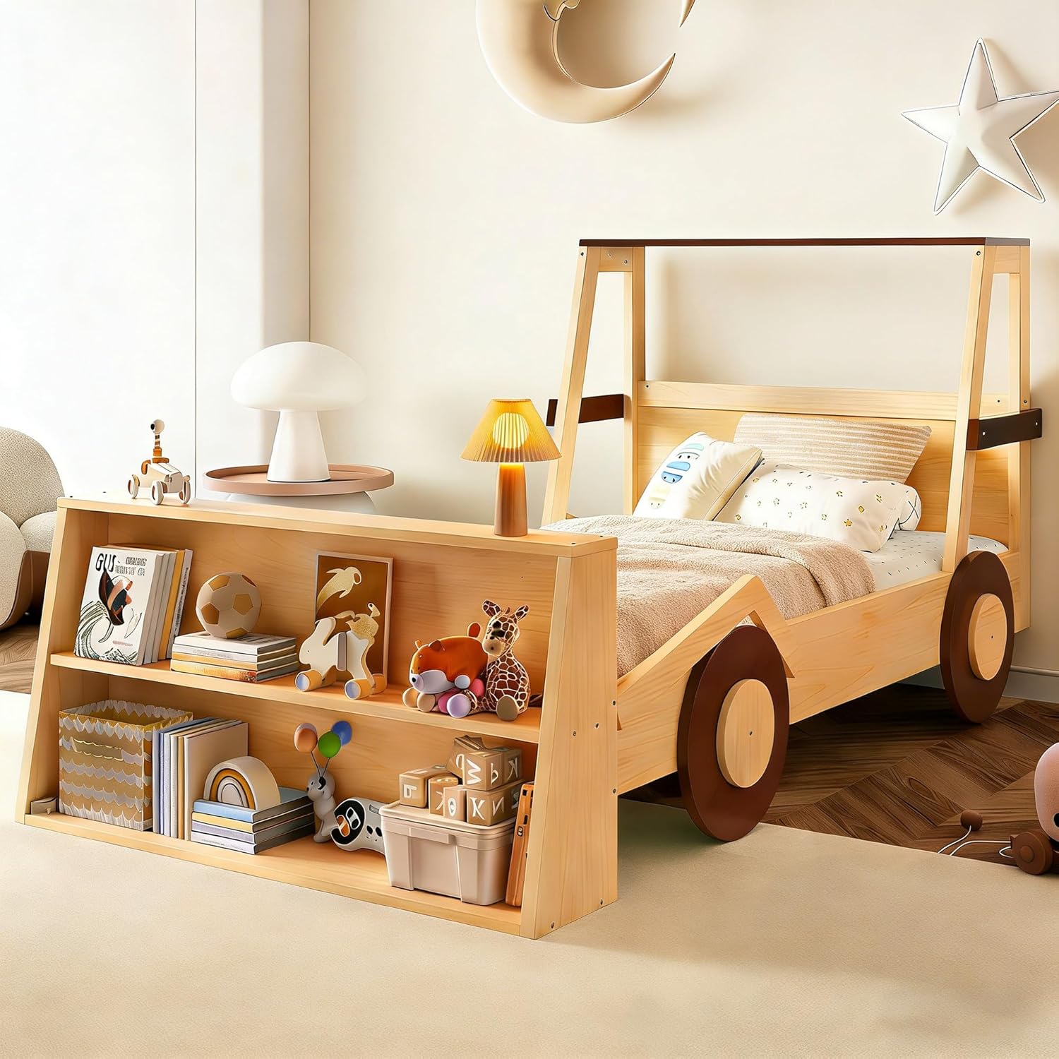 Bellemave Twin Size Floor House Bed with Door and Guardrails, Kids House Beds with Tray and Free-Installed Signboard, Twin Platform Bed Frame for Girls Boys, Natural