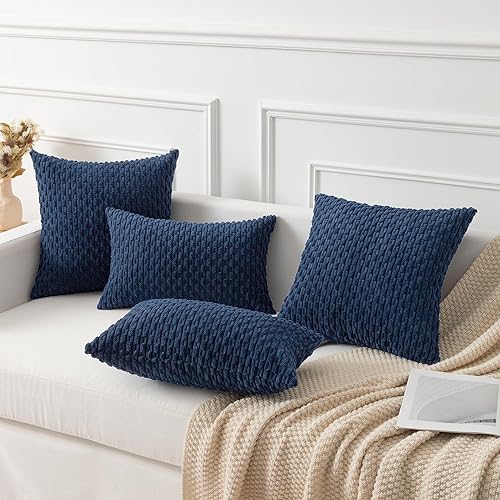 Miniatura 7 de Kevin Textile - Juego de 2 fundas decorativas para cojines, de pana aterciopelada y felpa a rayas, lavables a máquina (20 x 20 in, azul marino)