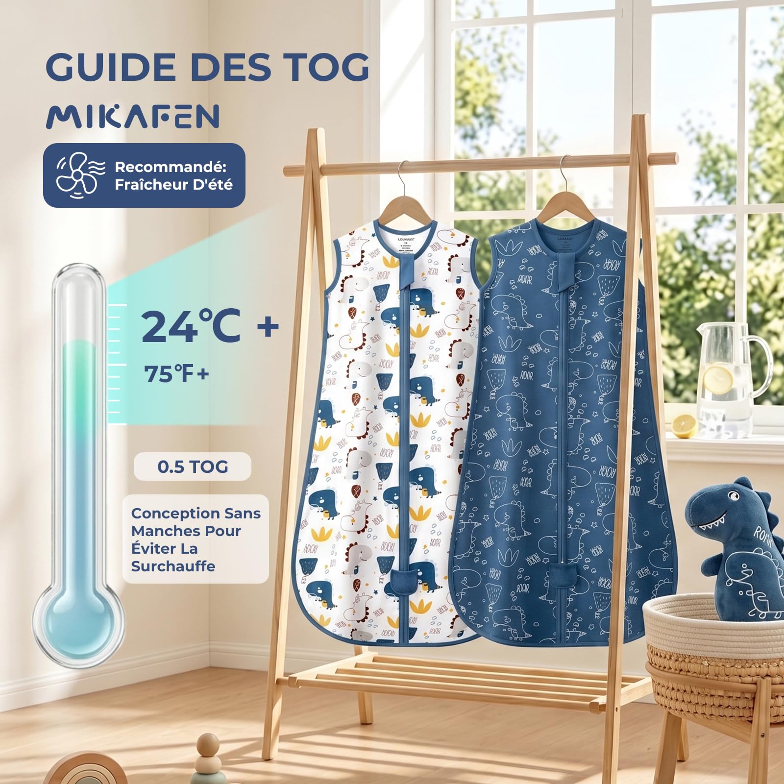 Lot de 2 Gigoteuses d'été pour bébé 0,5 Tog, Coton, Gigoteuse d'été pour Enfants pour garçons et Filles, Dinosaure et Bleu foncé, 0-6 Mois