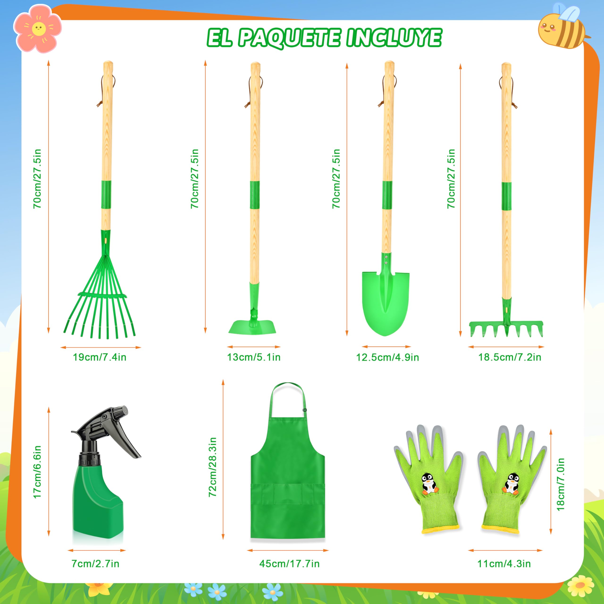 IEEILULU Juego de herramientas de jardín para niños, herramientas de jardín para niños, de madera, 7 piezas, juguete de jardín extraíble con delantal regadera, juguete de jardín al aire libre para