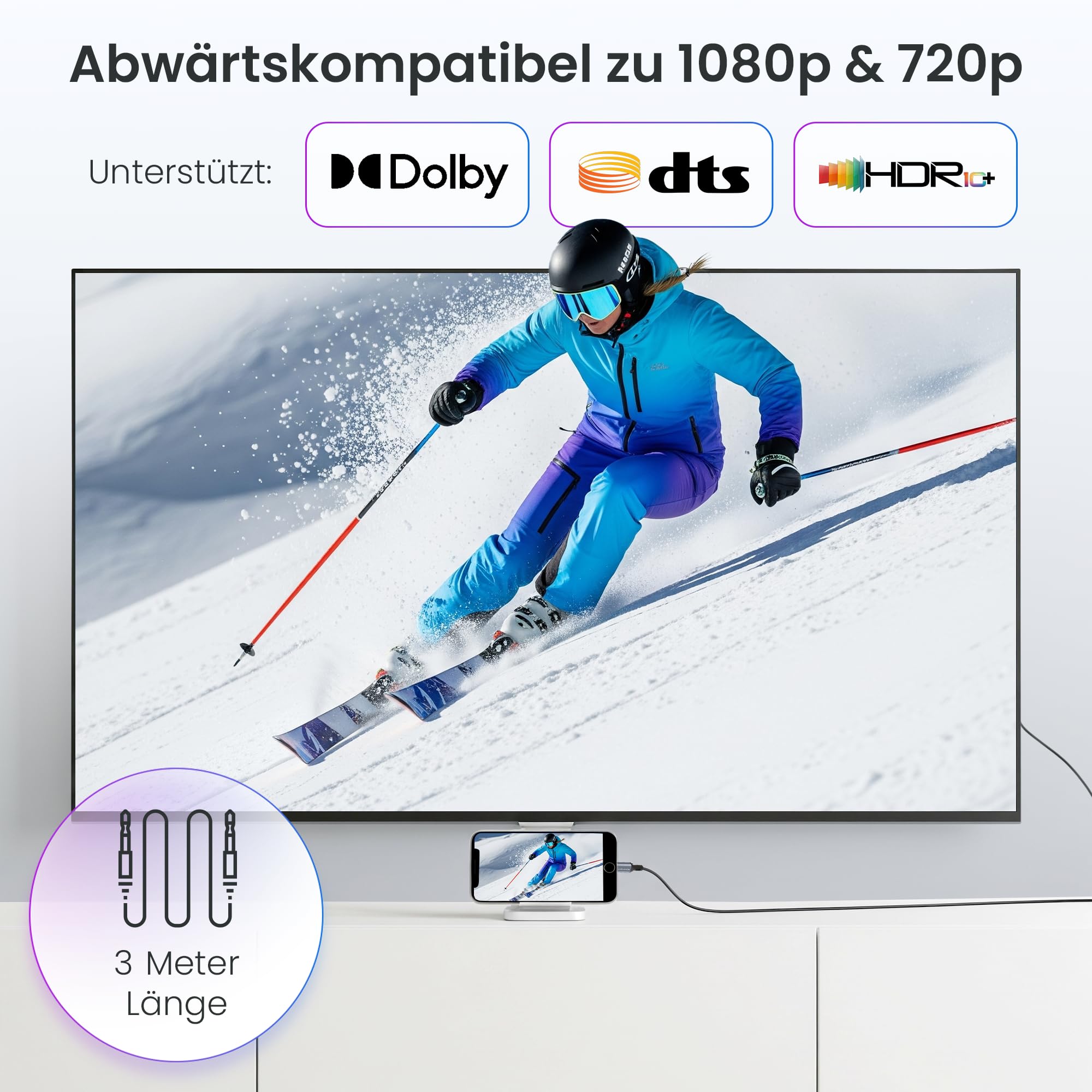 audio pirates Câble USB-C vers HDMI (3 m) 4K @ 60 Hz | Thunderbolt 3/4 | OD : 4 mm | connecteur en métal | plaqué or 24 carats | compatible avec iPhone, MacBook, iPad, Surface, partiellement Android |