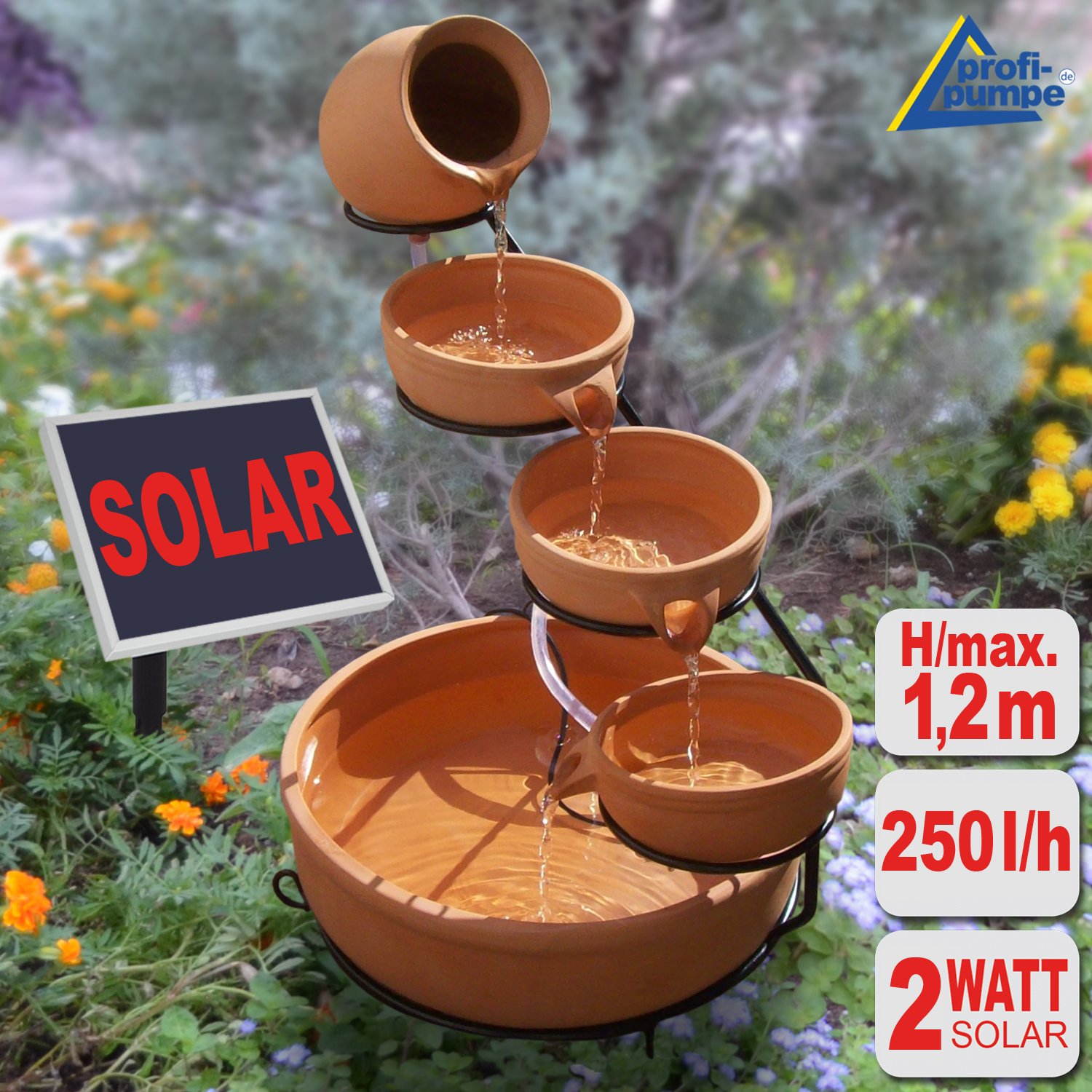 AMUR Solarna fontanna solarna, fontanna ogrodowa, fontanna kaskadowa Terra-2 z prawdziwymi miskami glinianymi