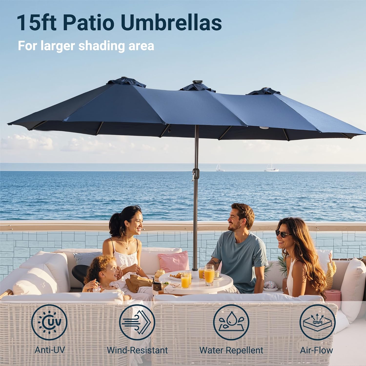 HOOOWOOO Outdoor Patio Umbrella With Solar Light,15 Ft Large Beach Umbrella,UV Protection Picnic Market Parasol Sunshade W Base Crank Handle For Backyard Deck Pool Shade