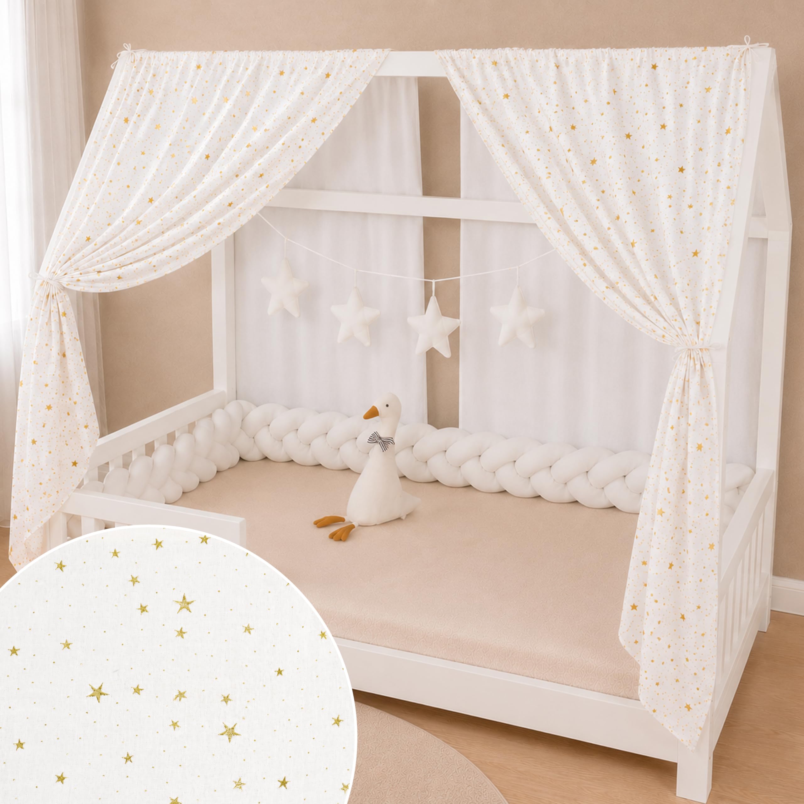 YellowNest Toile de Lit Cabane (2 Pièces) - Ciels de Lit Cabane 80x160-90x190-140x200 cm - 100% Coton Mousseline - sans Guirlande (Blanc, 130 x 320 cm (Set de 2))