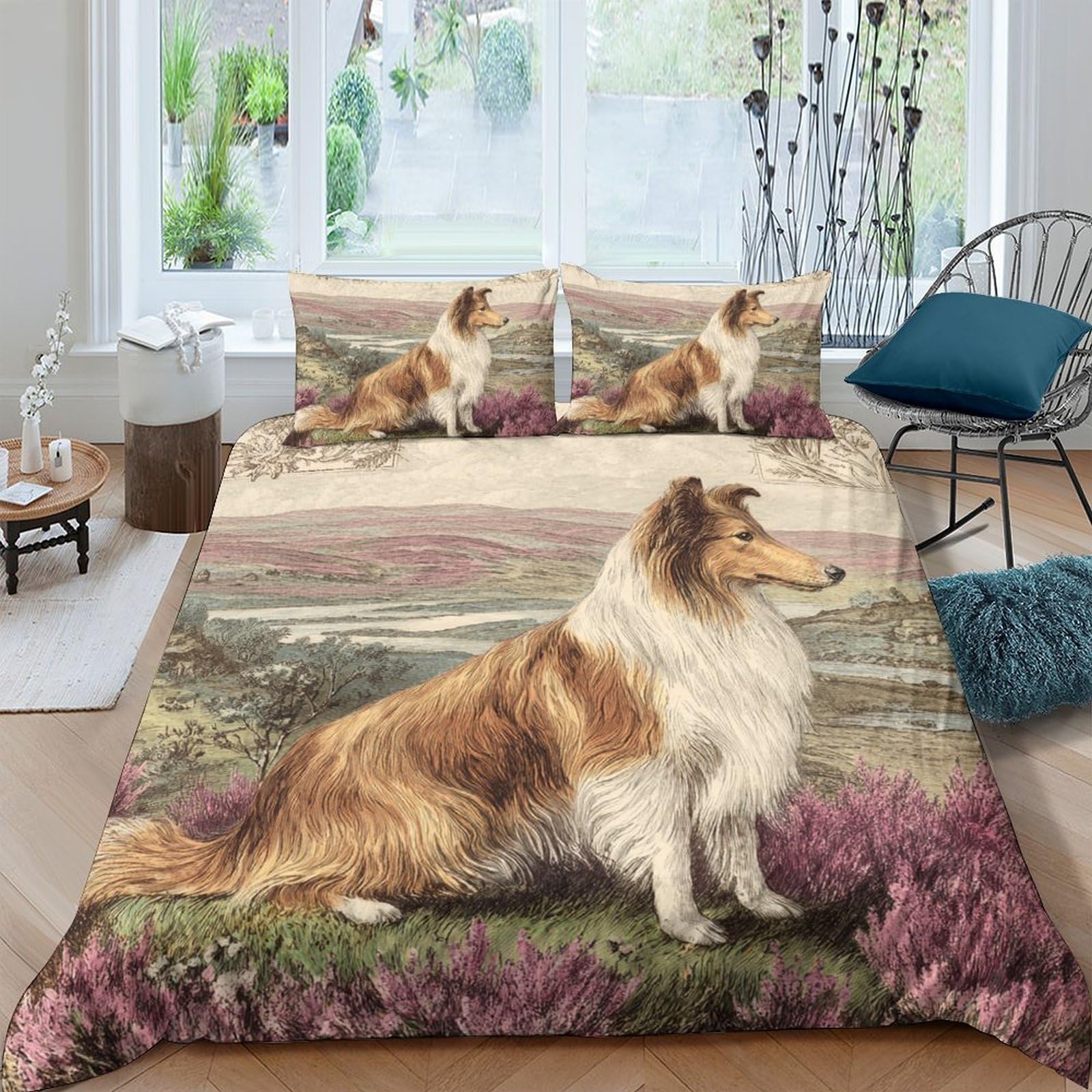 Ctjqhvkz Style-2 3D Printed Collie Dog Landscape Fitted Sheet Microfiber Soft Anti-Slip Bed Cover For Bedroom Guest Room Decor Single（135X200cm）