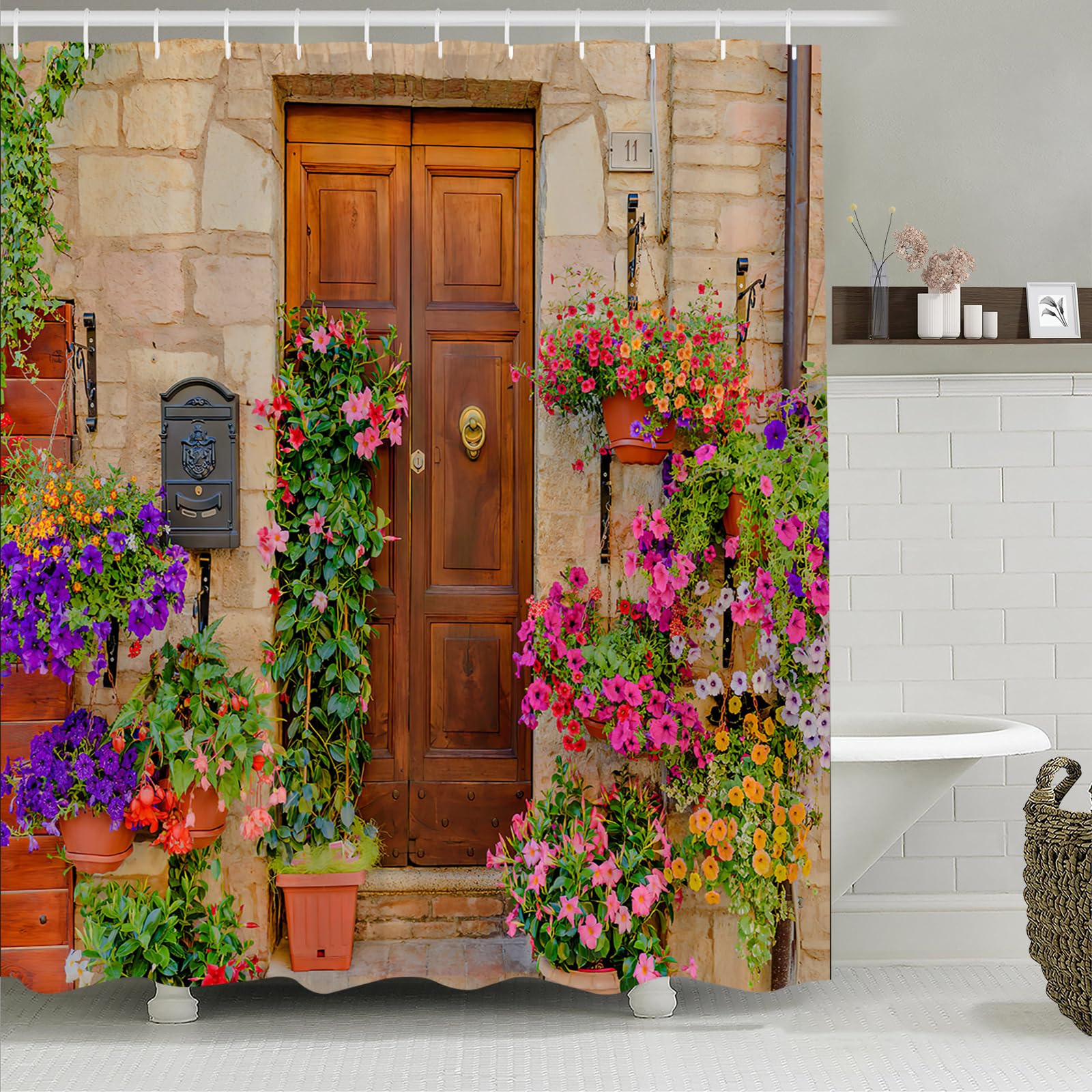 Simpomsy Garden Shower Curtain, Outdoor Shower Curtain Garden Decoration Flower Countryside Scenery Waterproof Bathroom Curtain with 12 Hooks 200x180cm