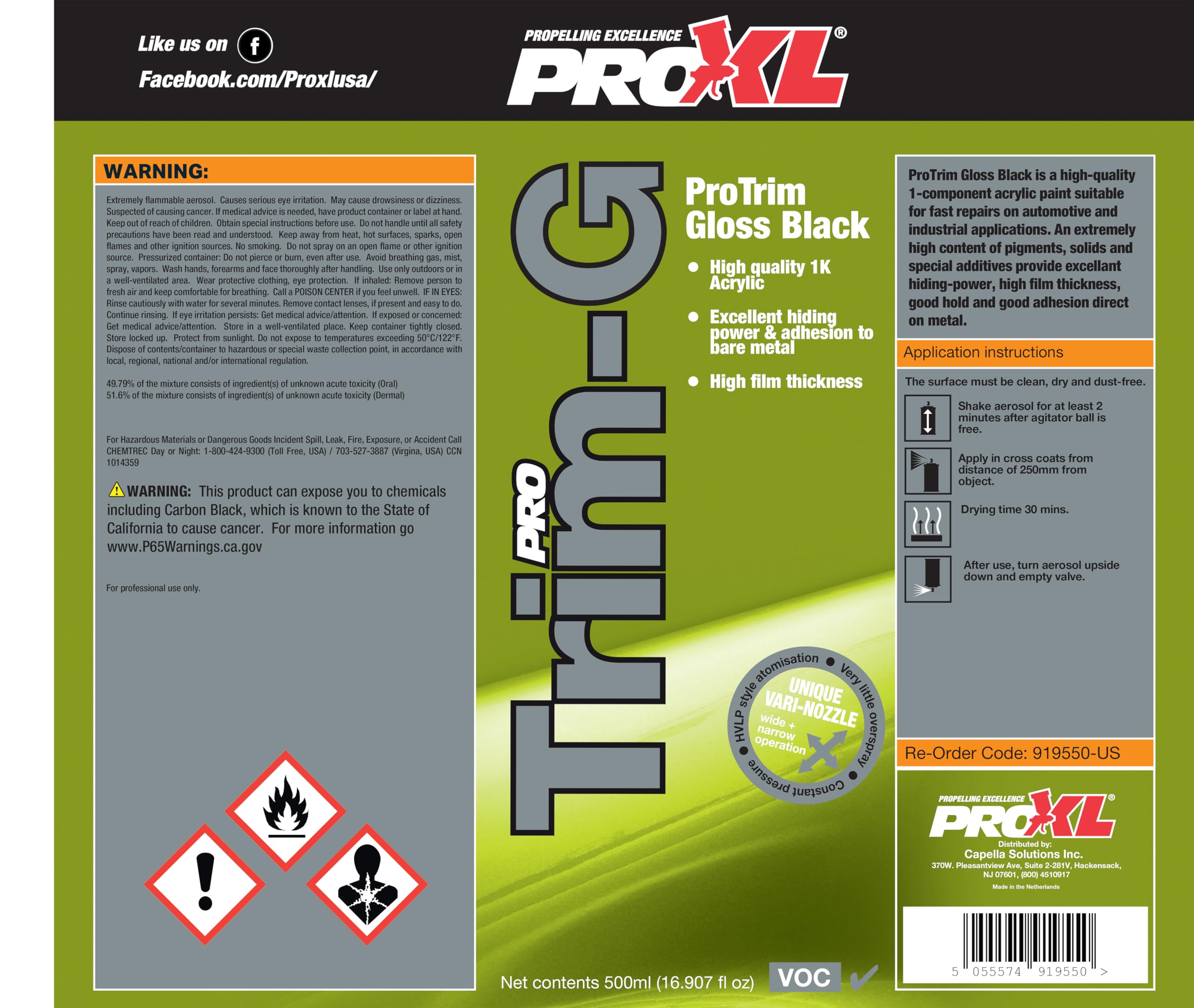 ProXL ProTrim Gloss Trim Coating Aerosol - 500 ml | Restores & Renews Exterior Plastic Trim | Deep Gloss Black Finish | Fast Drying & Durable | Ideal for Bumpers, Grilles, Side Mirrors & More