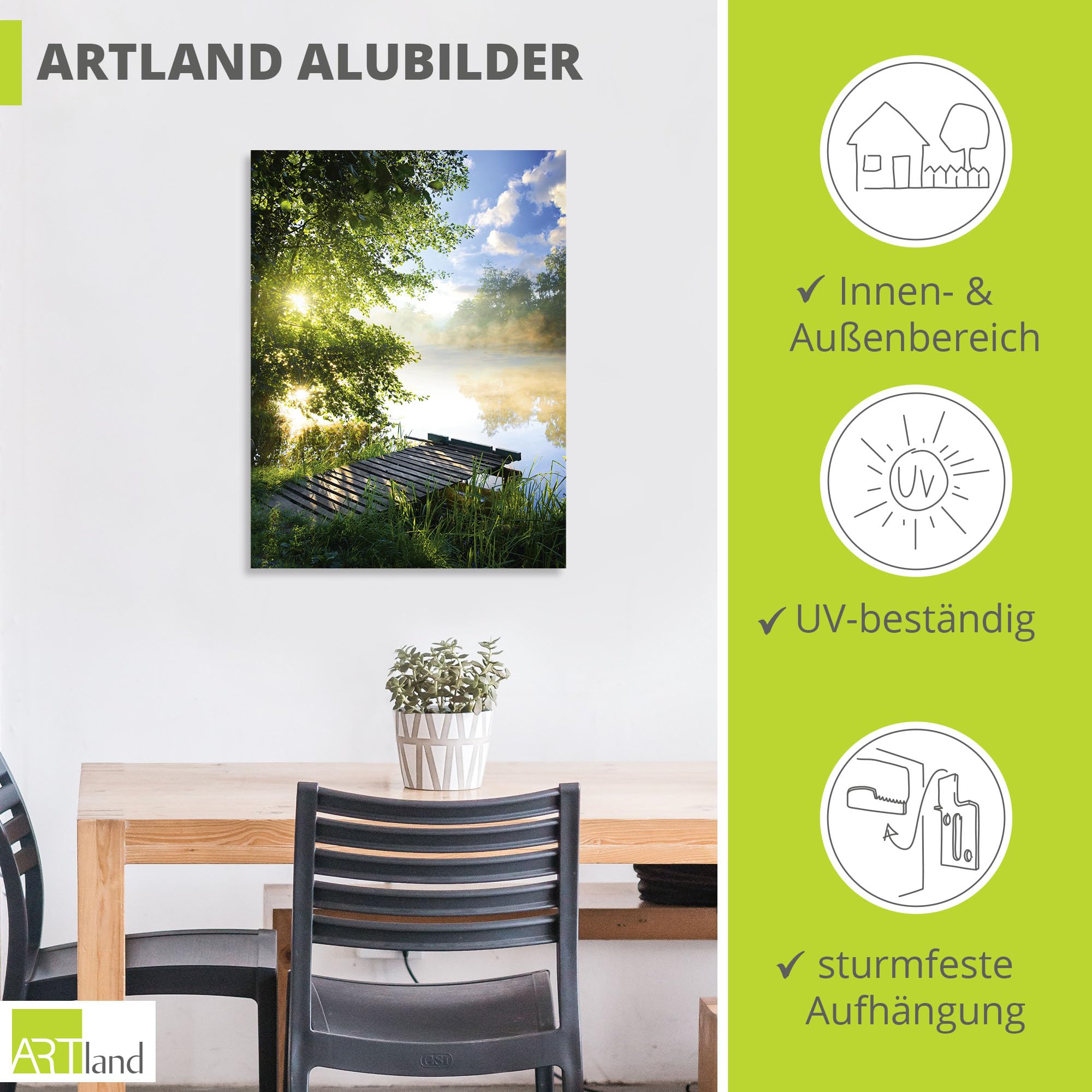 ARTland Wanddeko Wandbild Alu Verbundplatte für Innen & Outdoor Bild 60x80 cm Natur Landschaft Wald Baum See Steg Sommer Sonne Gräser T0WD