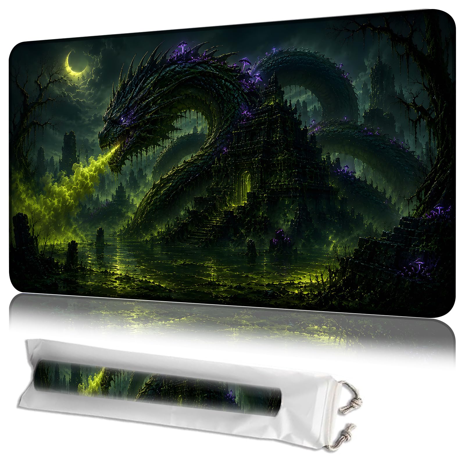 JANENFNA MTG Playmat with Storage Bag, Ruins of the Dark Giant Dragon, 24 x 24 Inch Stitched Non Slip Rubber Trading Card Game Mat, 2mm Thick Tabletop Mat for Card Games — image 1