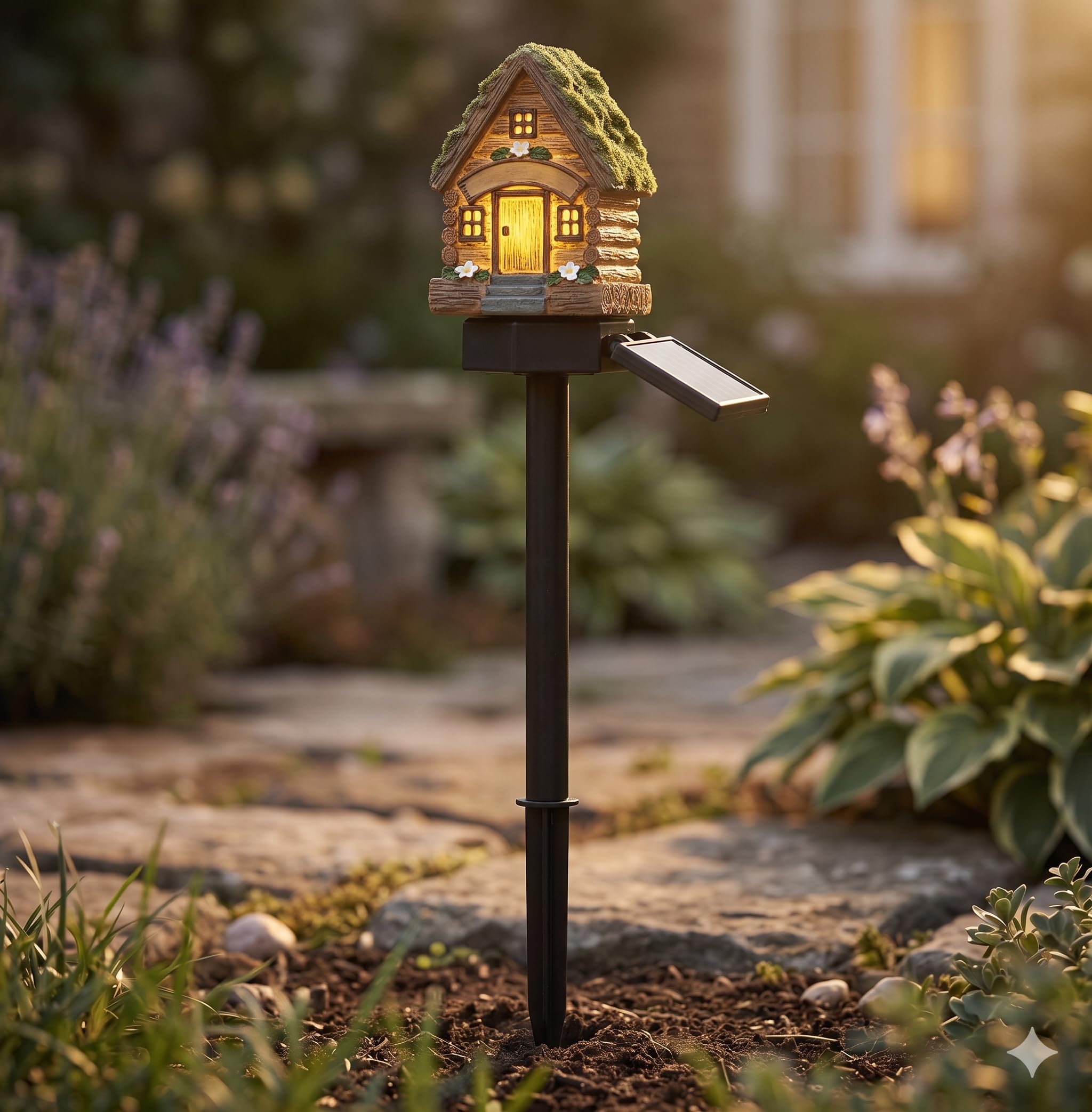 Solar Fairy-Tale Mushroom Cottage Garden Light,Auto Solar Power Mushroom Whimsical Resin Fairy House Stake,Water-Resistant Resin LED Decor with Auto On at Dusk for Flower Beds,Patio and Yard