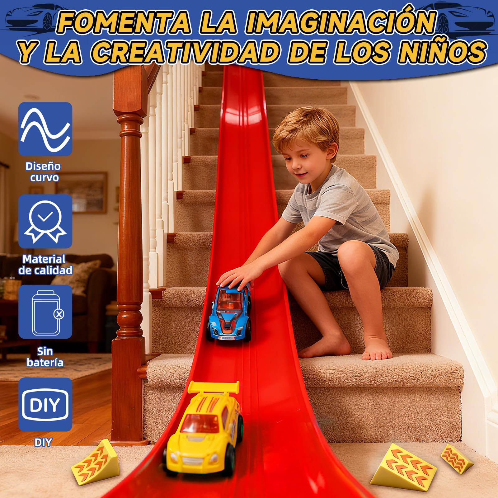 Charmofun Pista de Coches Flexible 5M, Pista de Coches para Niños con 4 Coches, Bolsa Almacenamiento, 2 Lanzadores, 8 Rampas y Ventosas, Pista De Carreras Portátil para Niños de 3+ Años (Rojo)