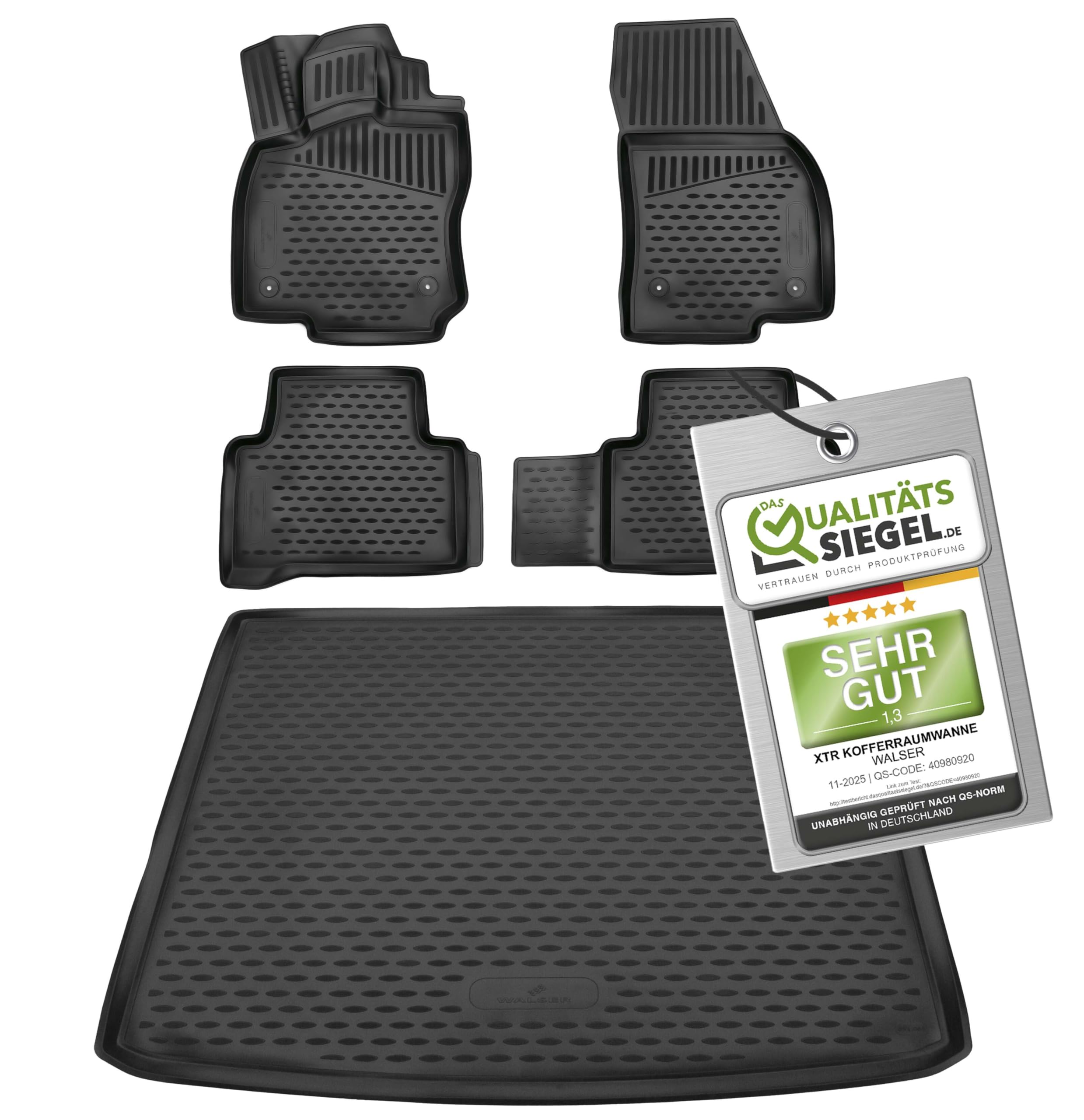 WALSER Kofferraumwanne & Gummi Fussmatten Set für VW Touran (5T1) 05/2015-Heute, 100% passgenaue Auto Fußmatten, Antirutschmatte PKW, Auto Gummimatten, Fussmatten Gummi