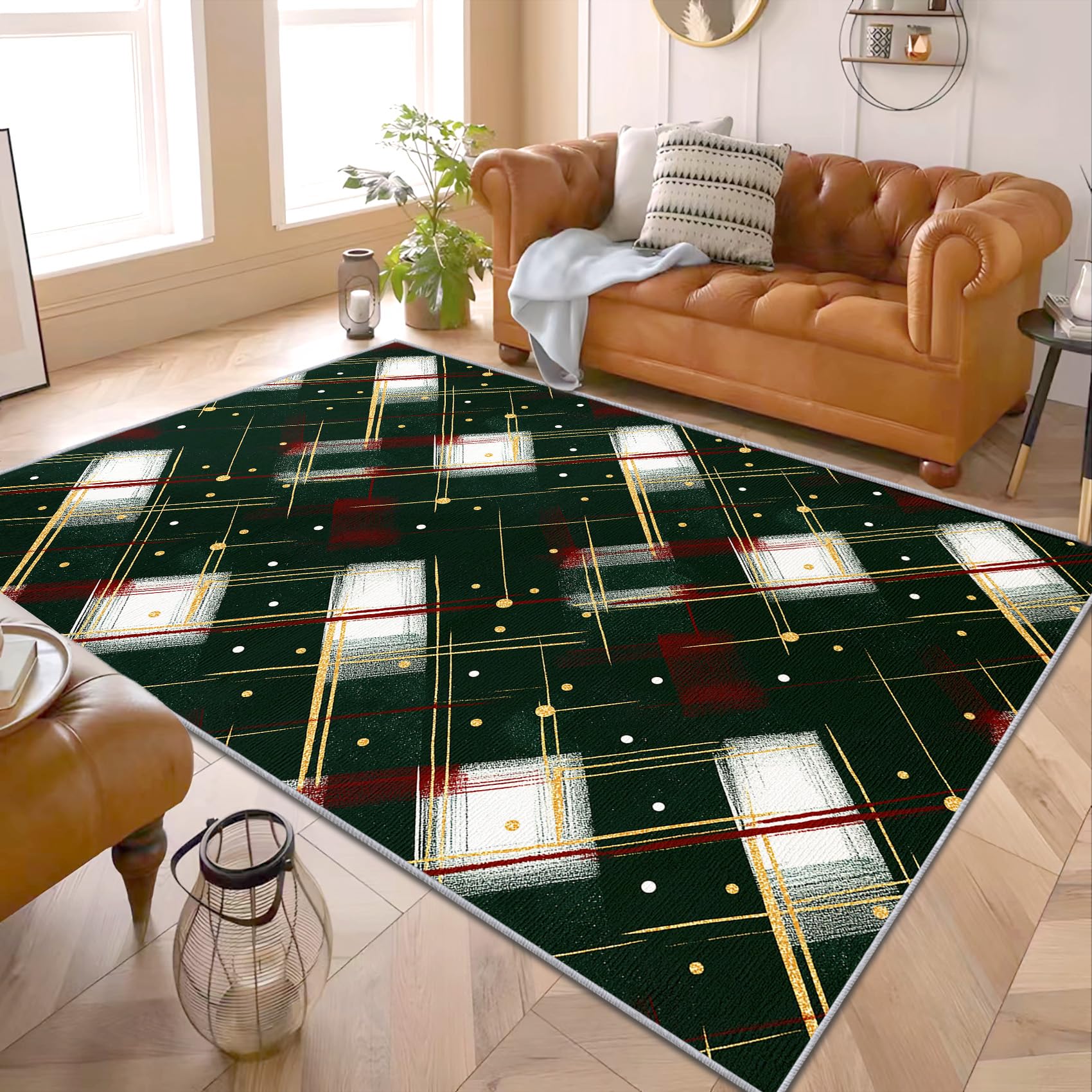 PaxGloz Christmas Rugs for Living Room - Dark Green and Gold Holiday Rug, Xmas Winter Rugs for Living Room Bedroom, Washable Non Slip Soft Small Carpet, Patterned Area Rug & Home Decor 80x150 cm