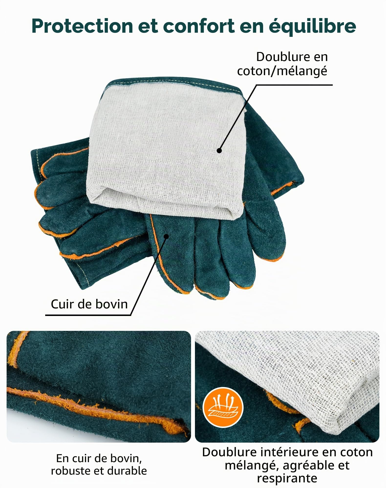 Gants Anti-Morsure 60 cm Pour Chat et Chien, Gants de Protection Anti-Griffures Avec Protection Complète des Bras, Gants Épais en Cuir Résistant Pour Manipulation de Chats, Chiens et Reptiles