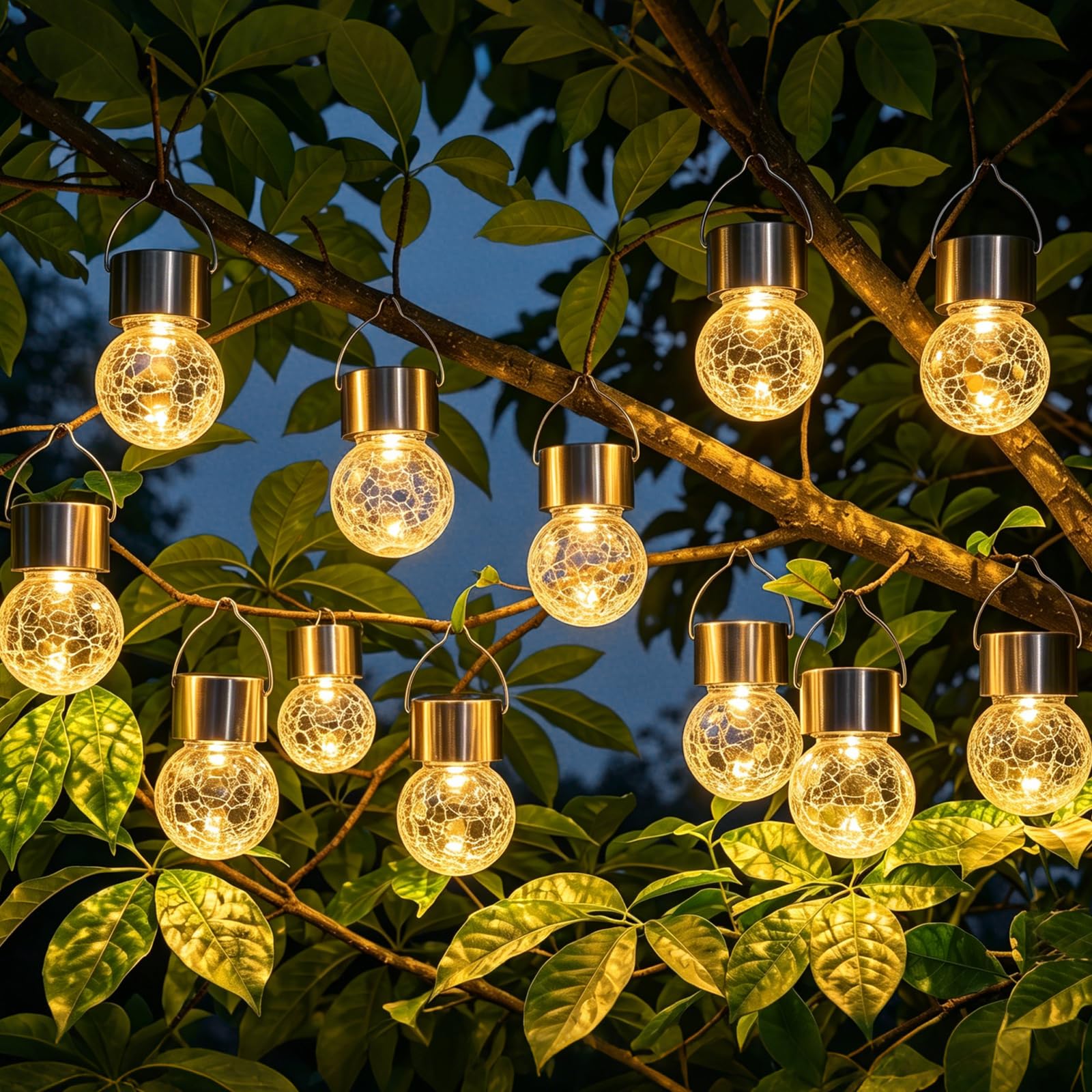 12 Pack Solar Lights Outdoor Garden, Hanging Solar Garden Lights, Solar Crackle Ball Lights with Handle, IP65 Waterproof Solar Bulbs Decorative Lantern for Patio Gazebo, Yard, Tree, Lawn, Balcony