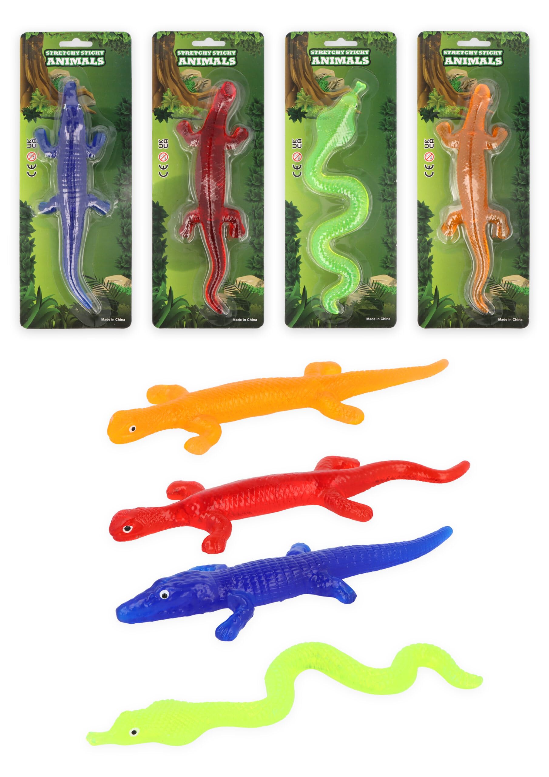 TC Toys - Set of 4 Stretchy Sticky Reptiles – 20cm Soft & Stretchy Snakes & Lizards – Mixed Variety Pack – Ideal Party Bag Fillers, Piñata Prizes & Sensory Fidget Toys