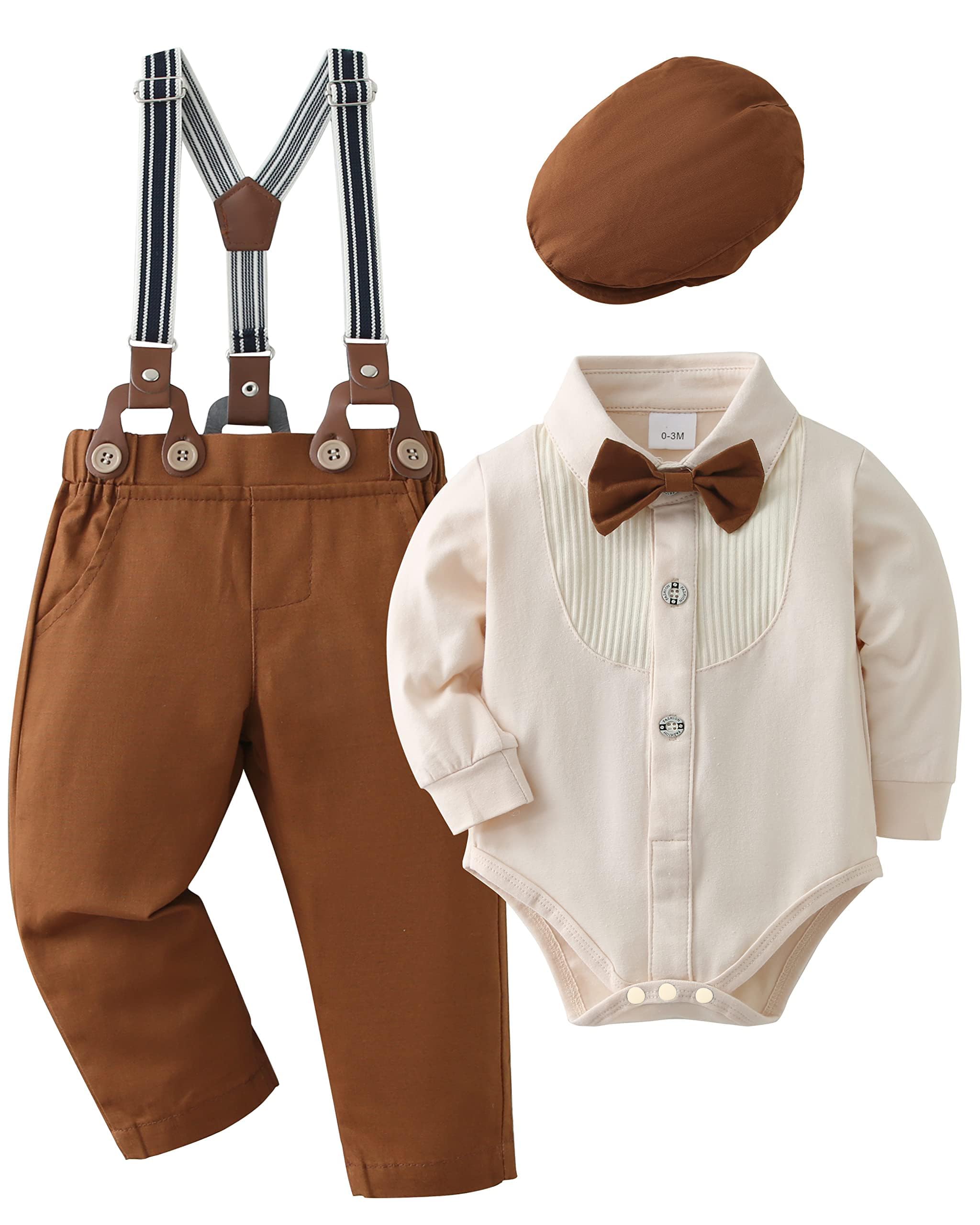 ZOEREA 4tlg Baby Jungen Kleidung Set 0-18M Taufbekleidung Strampler mit Fliege + Hosenträge Baby Bekleidungssets Gentleman Anzug für Festliche Hochzeit