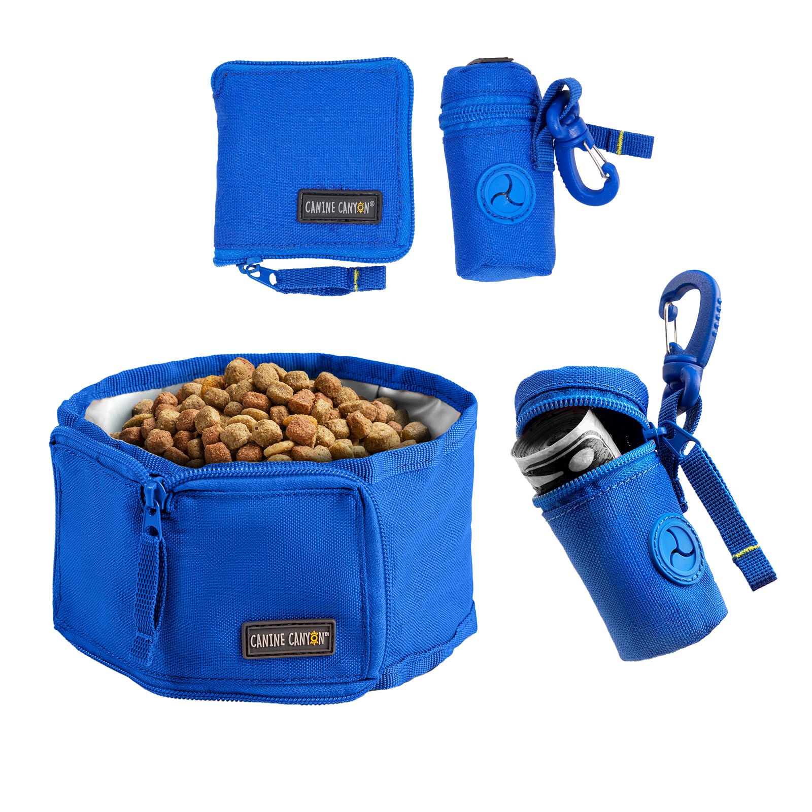 CANINE CANYON Collapsible Dog Bowl and Poop Bag Holder Set, Foldable Pet Travel Bowl for Food and Water While Traveling, Camping, Hiking, Portable Dog Waste Bags Dispenser Attaches to Leash