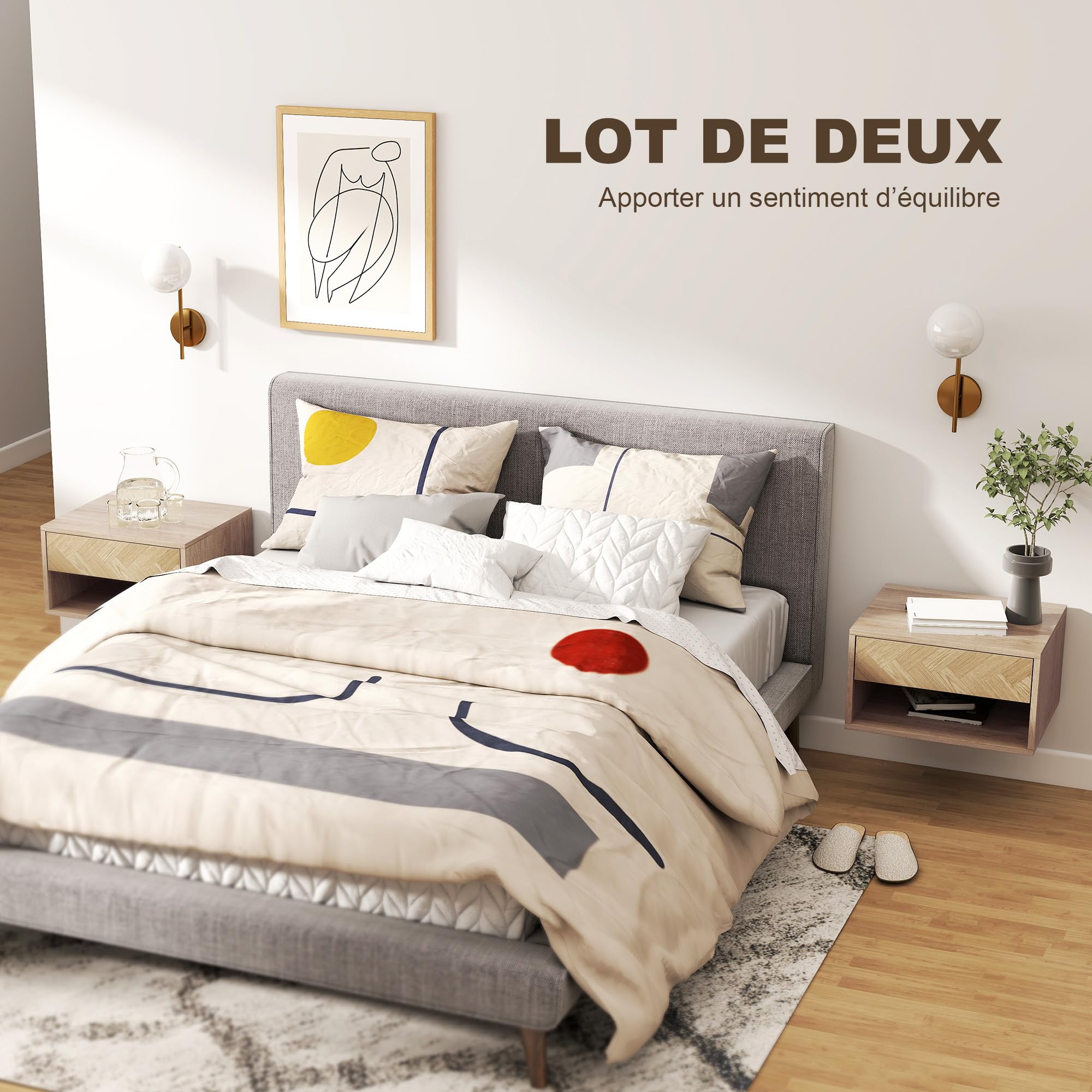 HOMCOM Lot de 2 Tables de Chevet murales, Tables de Nuit suspendues avec tiroir Coulissant, Compartiment Ouvert, Plateau, Style Moderne, 37 x 32 x 21 cm, Bois Naturel
