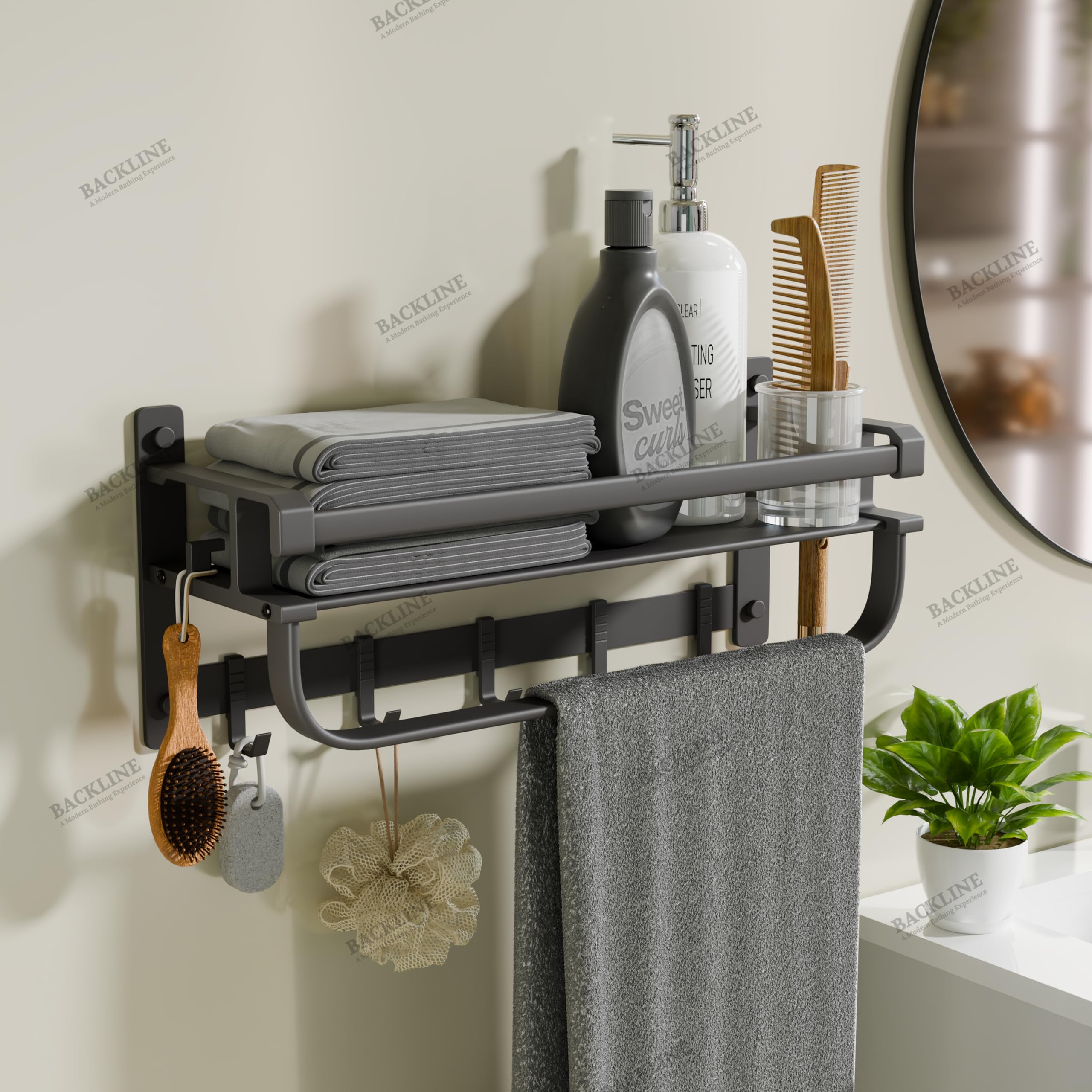 Backline Aluminium Towel Rack for Bathroom | Corrosion Resistant, Anti-Peel and Scratch Resistant | Towel Holder in Bathroom| with Shelf for Shampoo & Face Wash |Towel Rod with Hooks-image-35