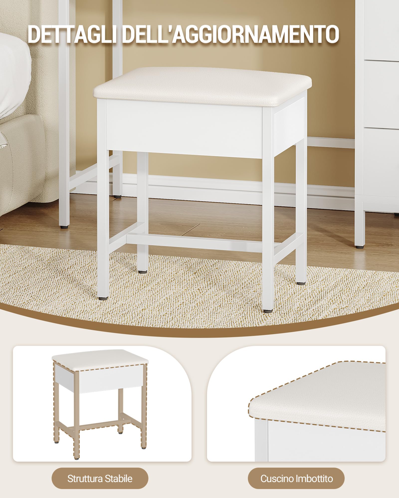 Hzuaneri Sgabello Toeletta Trucco, Sgabello Imbottito Postazione Trucco, Poggiapiedi per soggiorno, Camera da Letto Cabina Armadio Ingresso, 30 x 40 x 46 cm, Bianco VS32503X