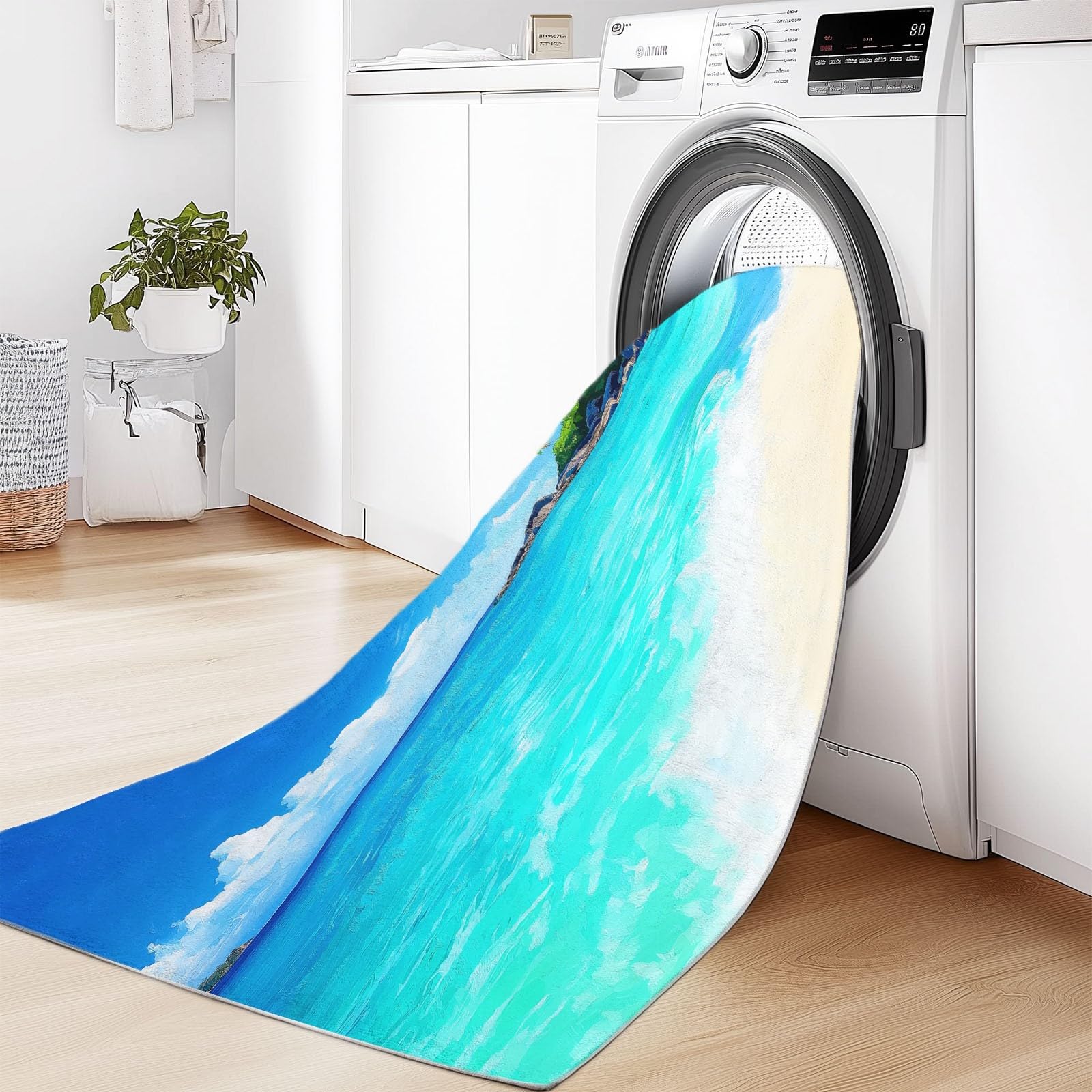 Générique Tapis de Salon Lavable en Machine 140 x 200 cm Doux à Poils Courts Moelleux Style Tropical Tapis antidérapant, Vagues de Plage Palmiers et Îles pour Le l'entrée, la Chambre et la Cuisine